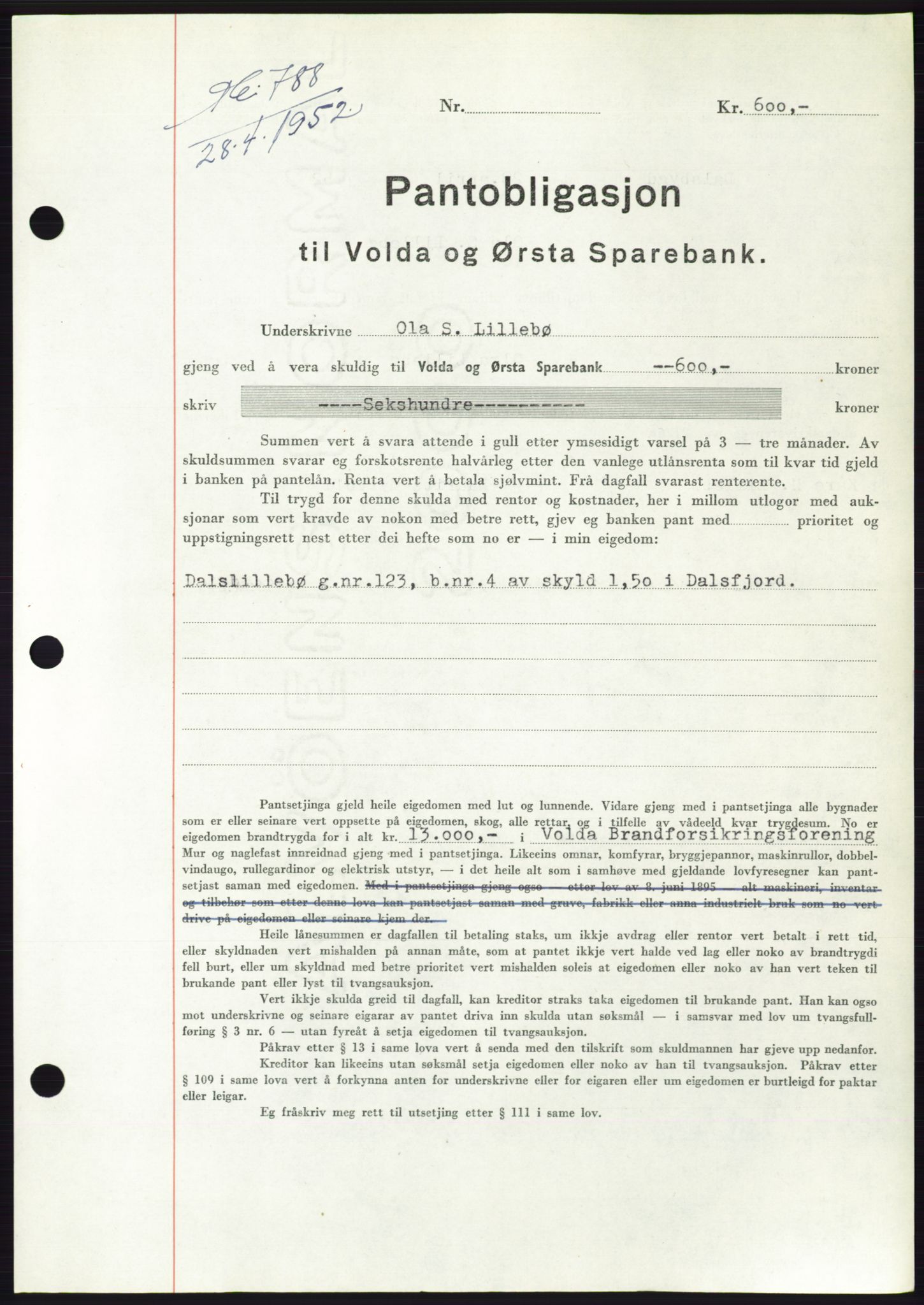 Søre Sunnmøre sorenskriveri, AV/SAT-A-4122/1/2/2C/L0121: Mortgage book no. 9B, 1951-1952, Diary no: : 788/1952