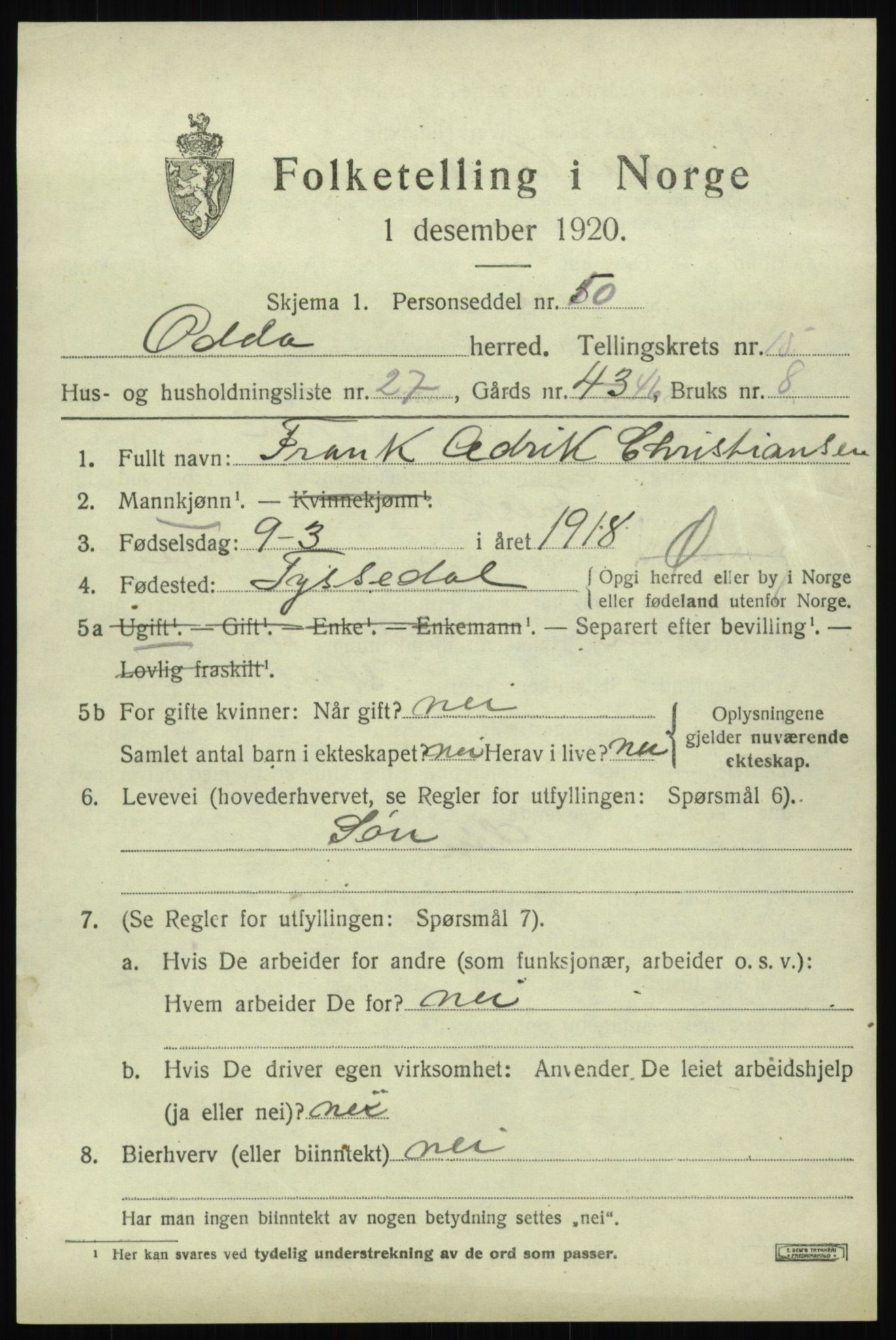 SAB, 1920 census for Odda, 1920, p. 13705