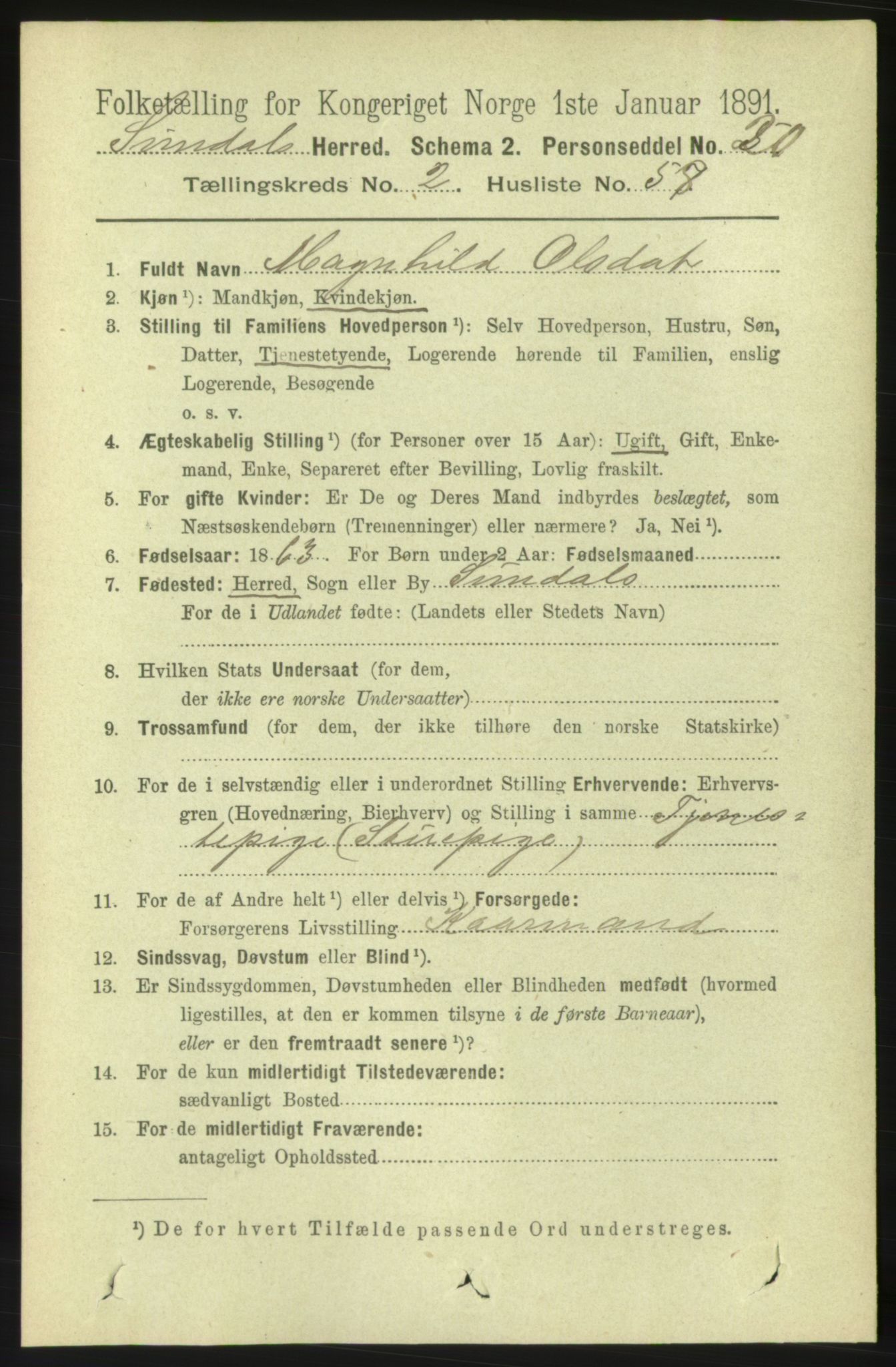 RA, 1891 census for 1563 Sunndal, 1891, p. 606