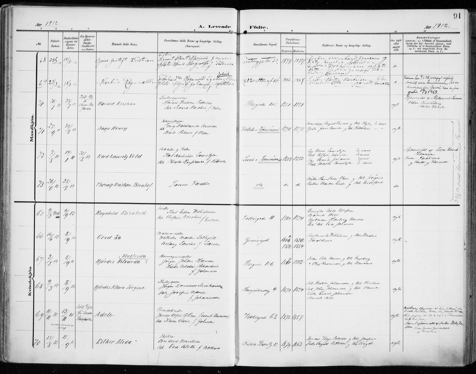 Tromsø sokneprestkontor/stiftsprosti/domprosti, AV/SATØ-S-1343/G/Ga/L0017kirke: Parish register (official) no. 17, 1907-1917, p. 91