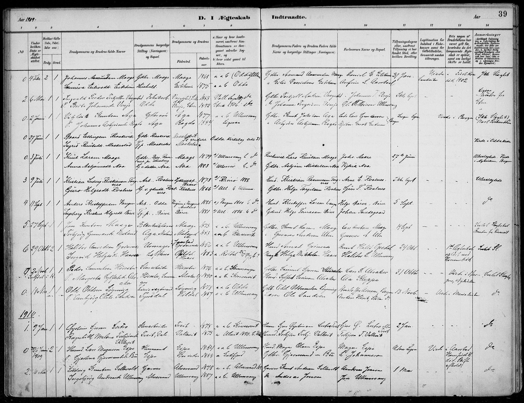 Ullensvang sokneprestembete, AV/SAB-A-78701/H/Haa: Parish register (official) no. B  3, 1882-1911, p. 39