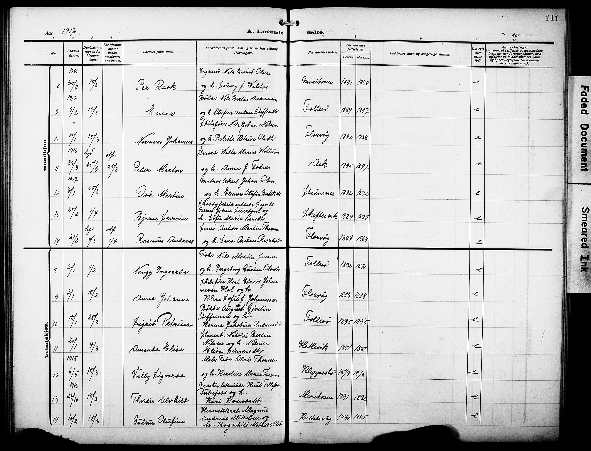 Askøy Sokneprestembete, AV/SAB-A-74101/H/Ha/Hab/Haba/L0011: Parish register (copy) no. A 11, 1908-1931, p. 111
