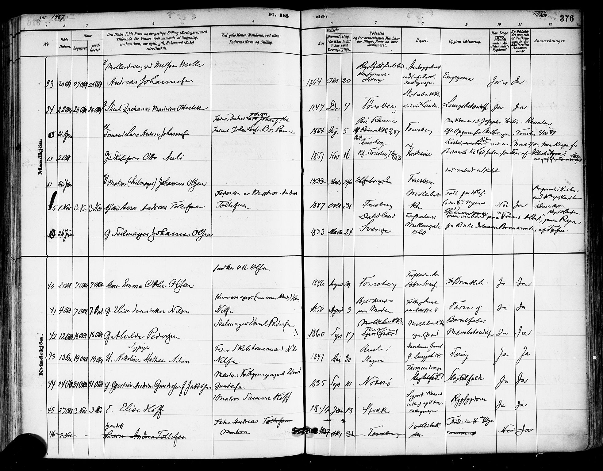 Tønsberg kirkebøker, AV/SAKO-A-330/F/Fa/L0011: Parish register (official) no. I 11, 1881-1890, p. 376