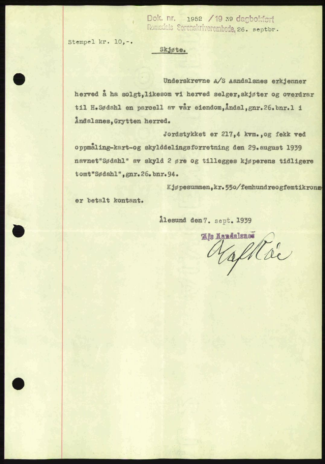 Romsdal sorenskriveri, AV/SAT-A-4149/1/2/2C: Mortgage book no. A7, 1939-1939, Diary no: : 1952/1939