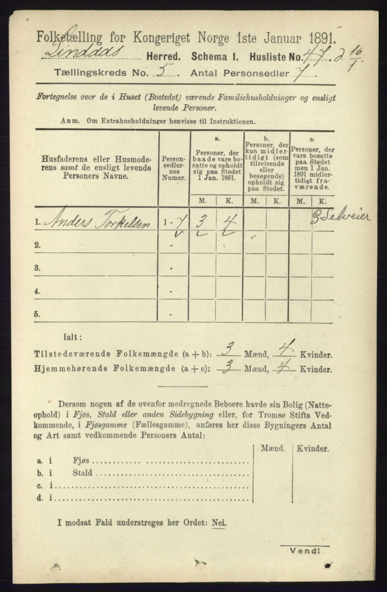 RA, 1891 census for 1263 Lindås, 1891, p. 1443