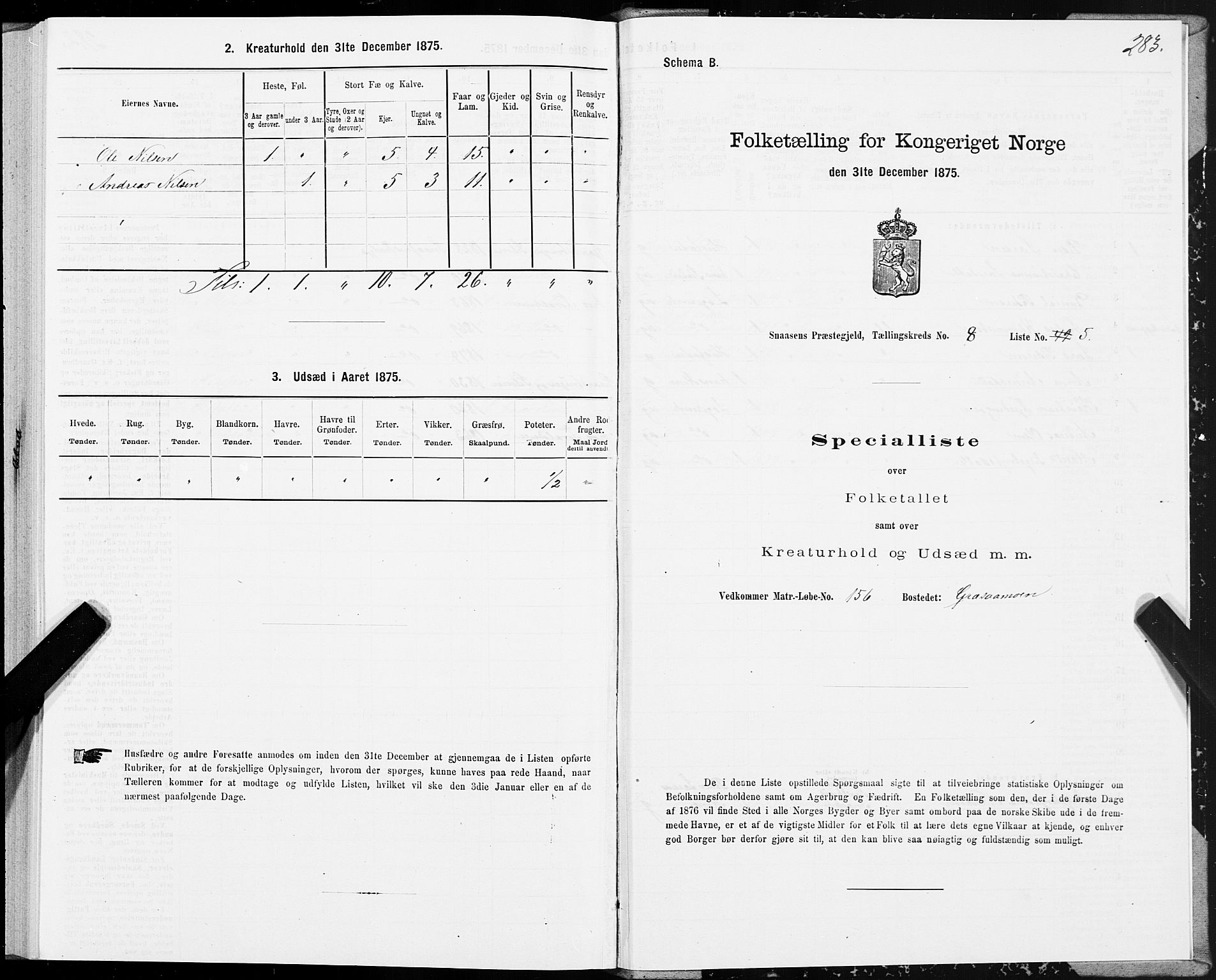 SAT, 1875 census for 1736P Snåsa, 1875, p. 3283