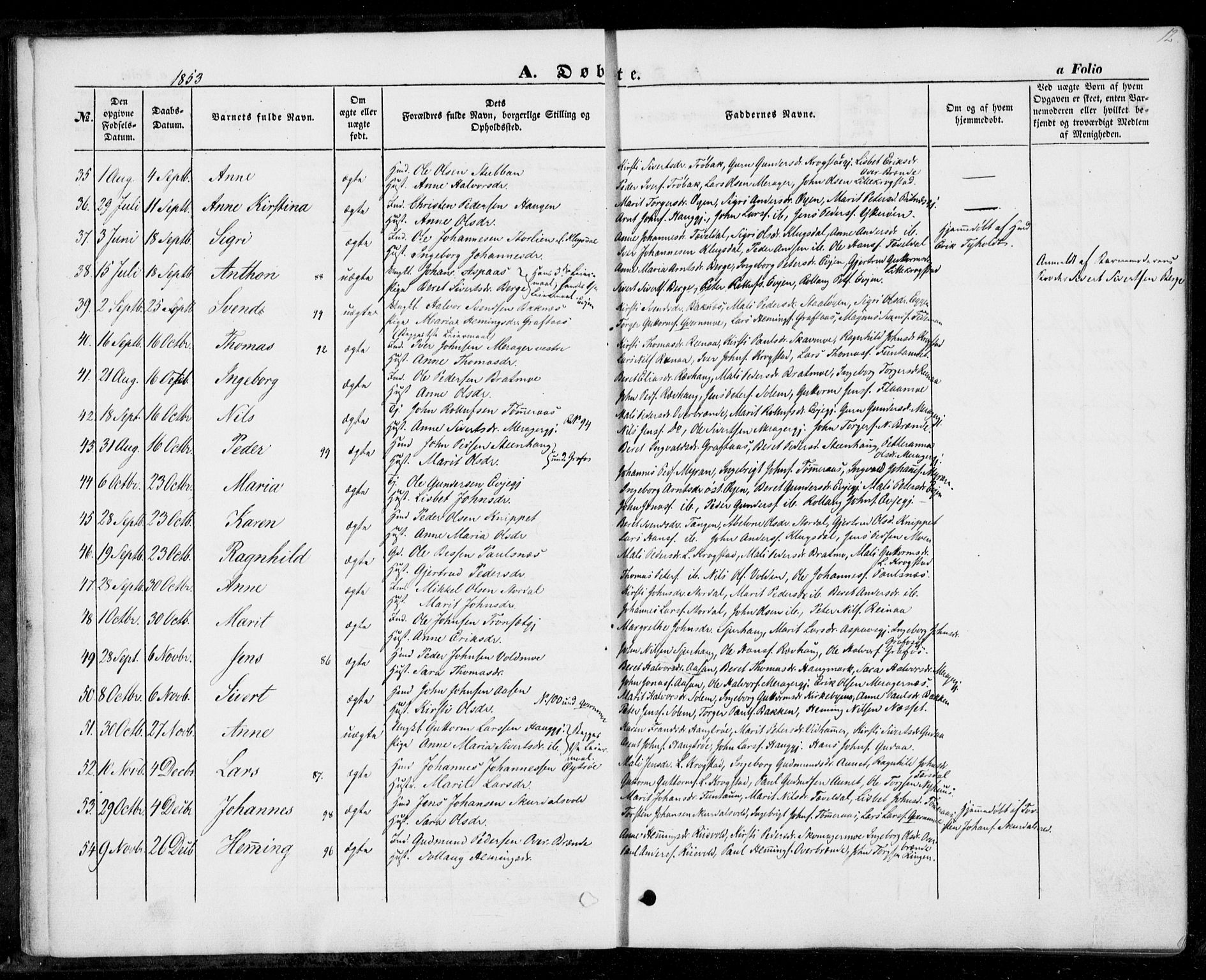 Ministerialprotokoller, klokkerbøker og fødselsregistre - Nord-Trøndelag, SAT/A-1458/706/L0040: Parish register (official) no. 706A01, 1850-1861, p. 12