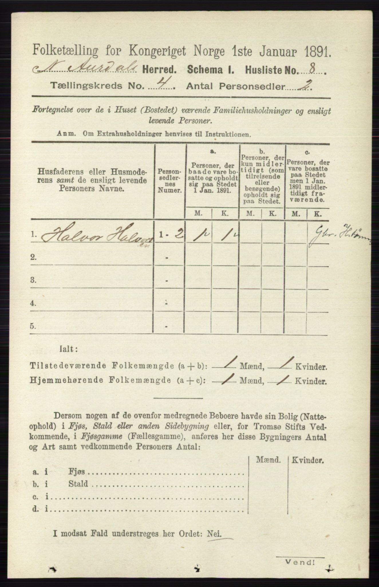 RA, 1891 census for 0542 Nord-Aurdal, 1891, p. 1156