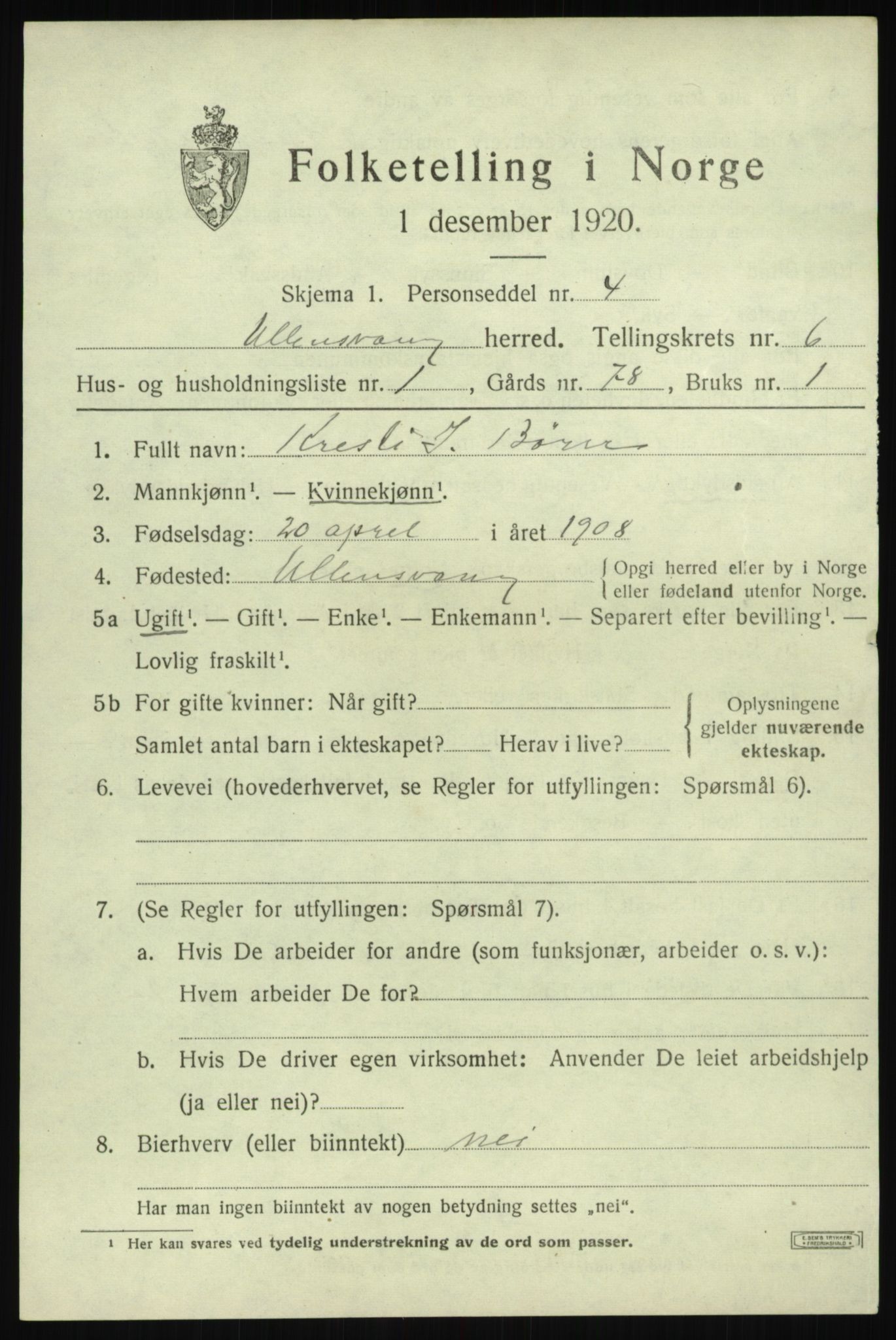 SAB, 1920 census for Ullensvang, 1920, p. 3602