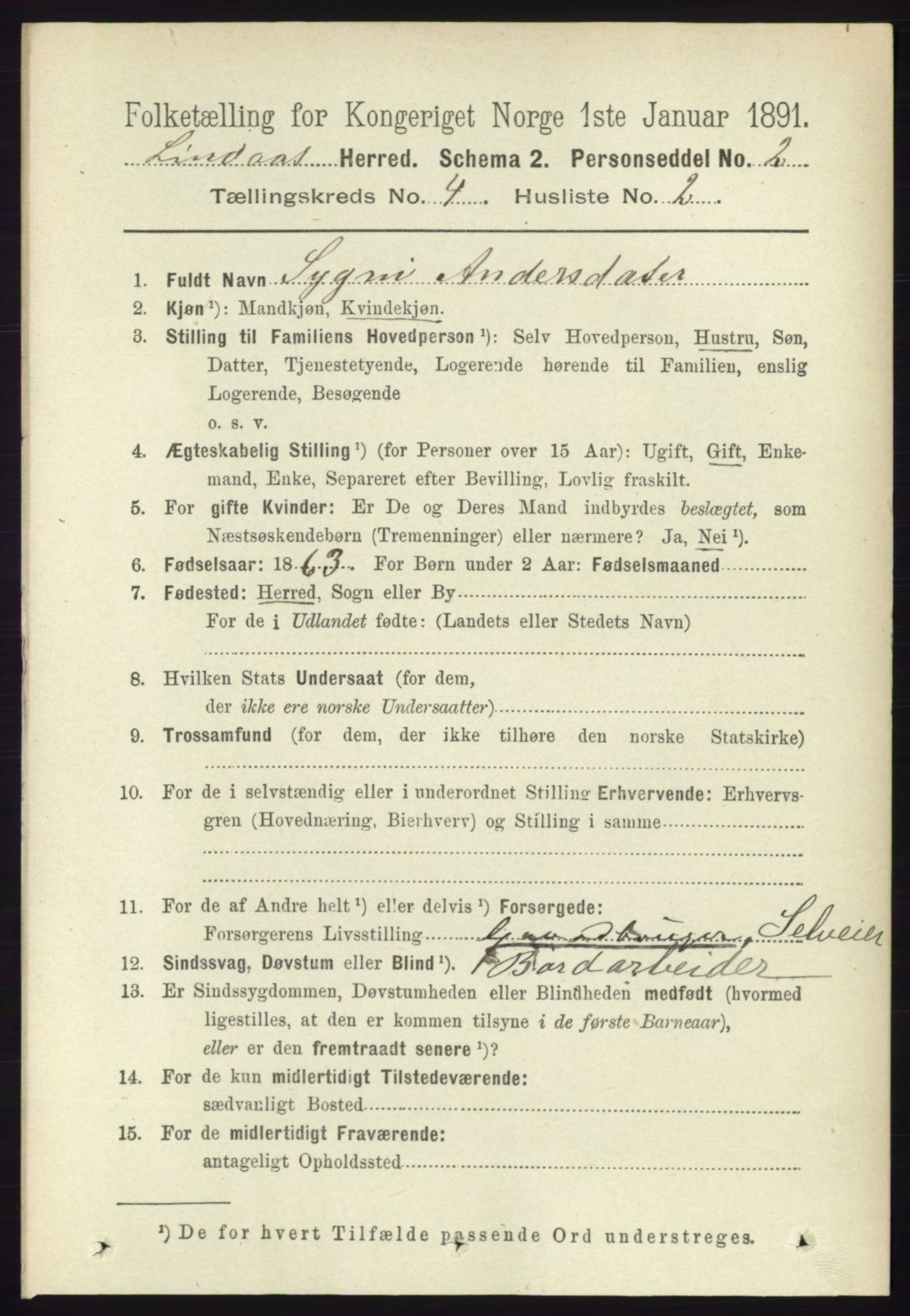 RA, 1891 census for 1263 Lindås, 1891, p. 1132