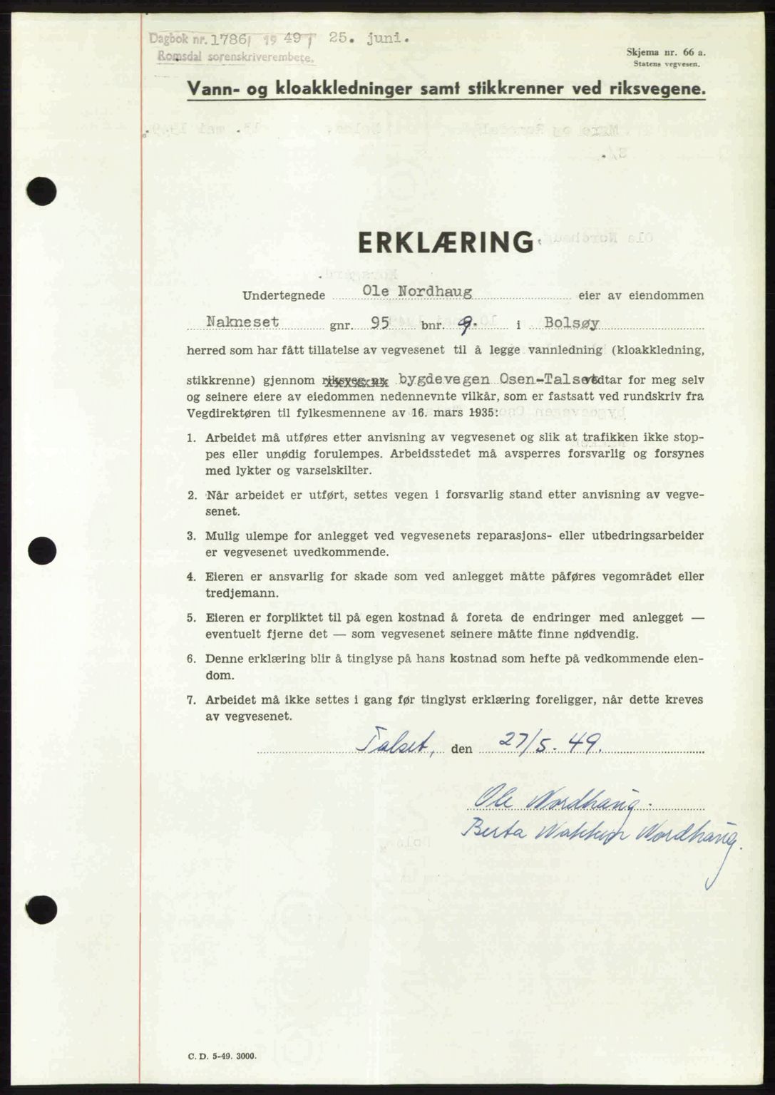 Romsdal sorenskriveri, AV/SAT-A-4149/1/2/2C: Mortgage book no. A30, 1949-1949, Diary no: : 1786/1949