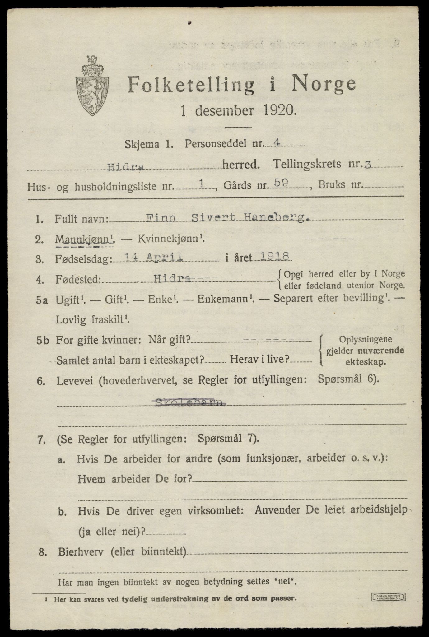 SAK, 1920 census for Hidra, 1920, p. 1546