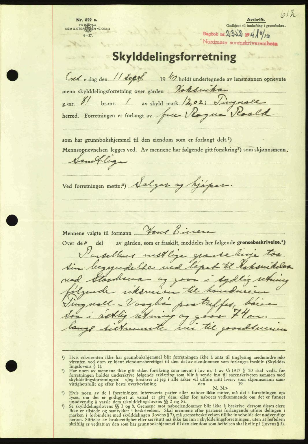 Nordmøre sorenskriveri, AV/SAT-A-4132/1/2/2Ca: Mortgage book no. A91, 1941-1942, Diary no: : 2352/1941