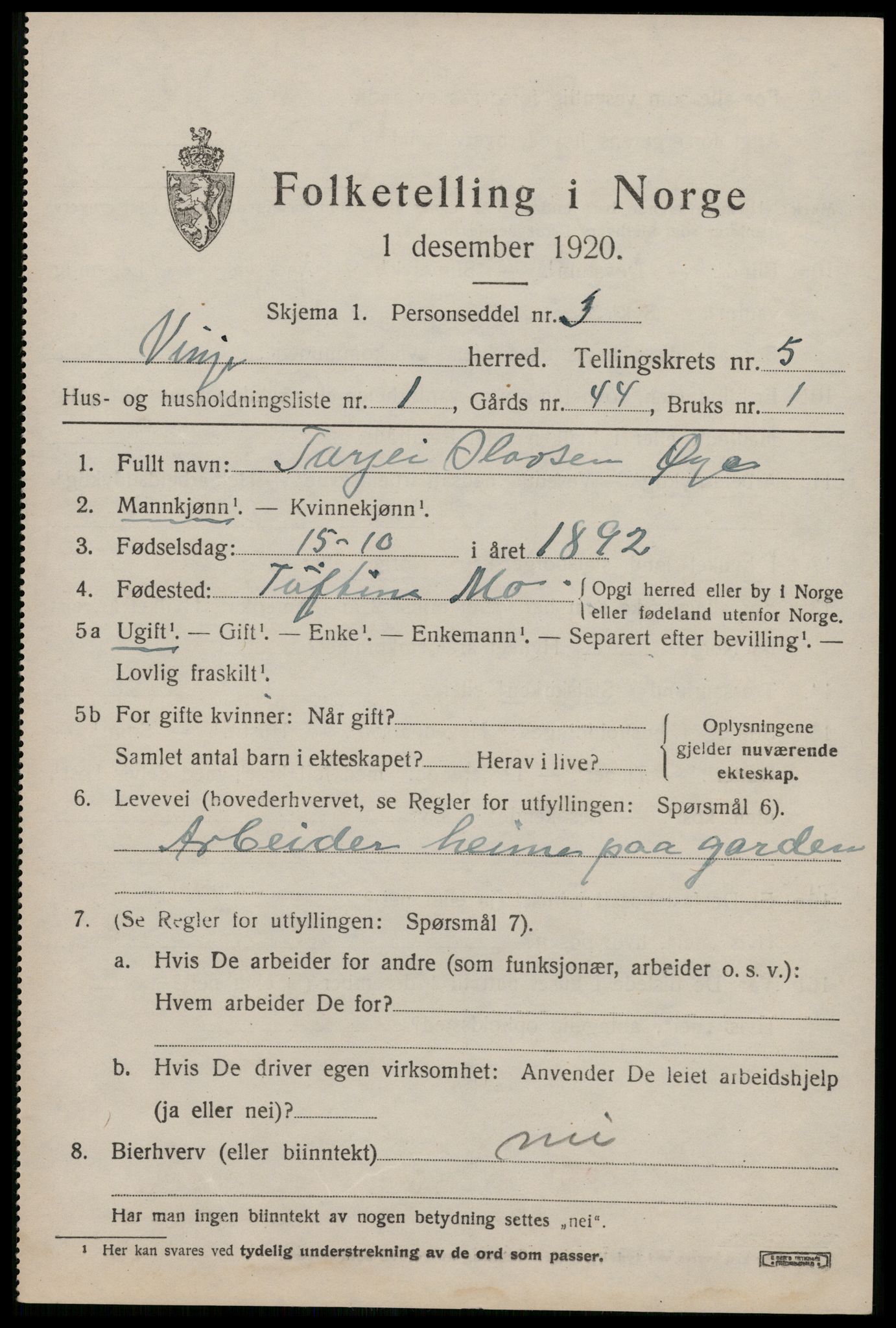 SAKO, 1920 census for Vinje, 1920, p. 1609