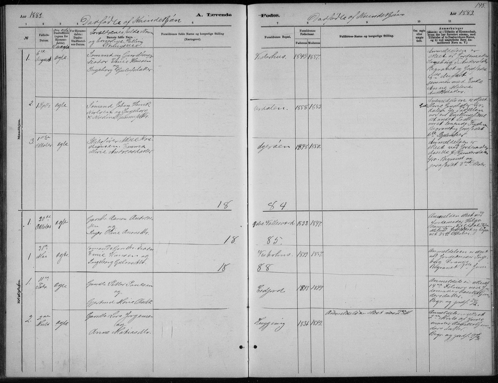 Høvåg sokneprestkontor, SAK/1111-0025/F/Fb/L0004: Parish register (copy) no. B 4, 1883-1898, p. 145