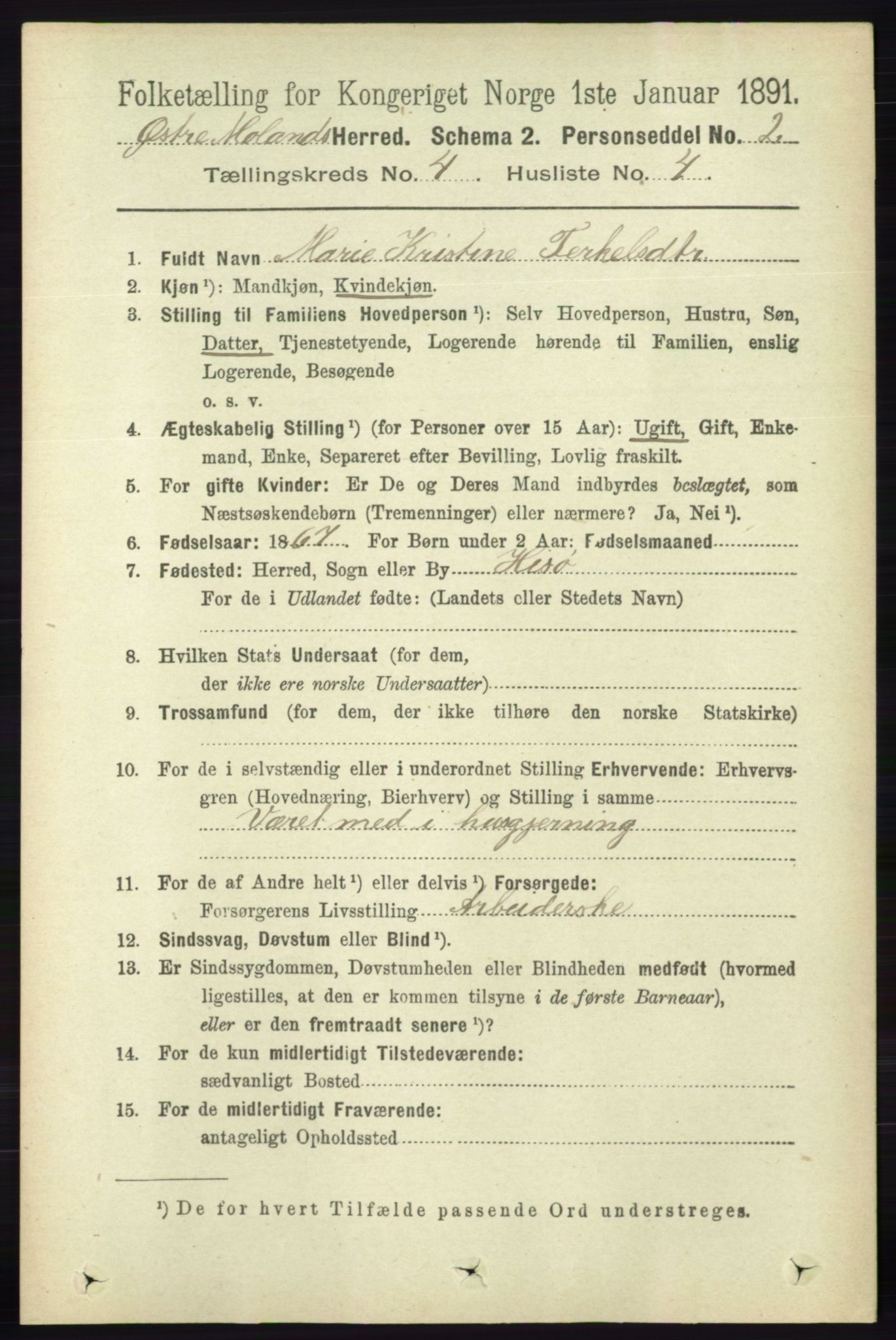 RA, 1891 census for 0918 Austre Moland, 1891, p. 2094