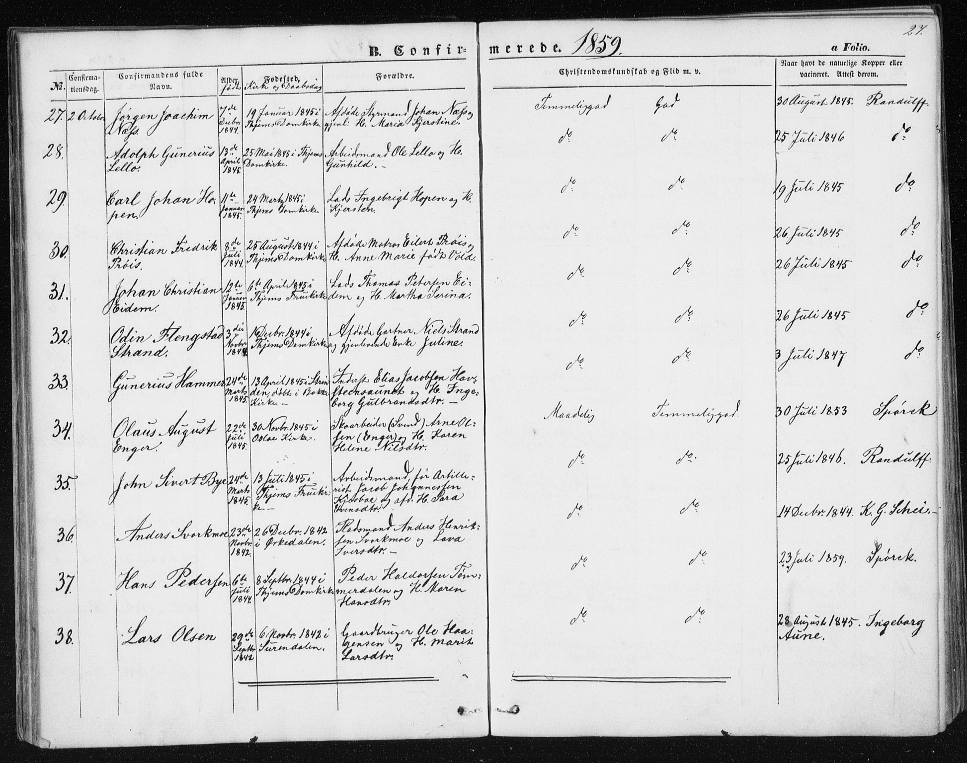 Ministerialprotokoller, klokkerbøker og fødselsregistre - Sør-Trøndelag, SAT/A-1456/602/L0114: Parish register (official) no. 602A12, 1856-1872, p. 27