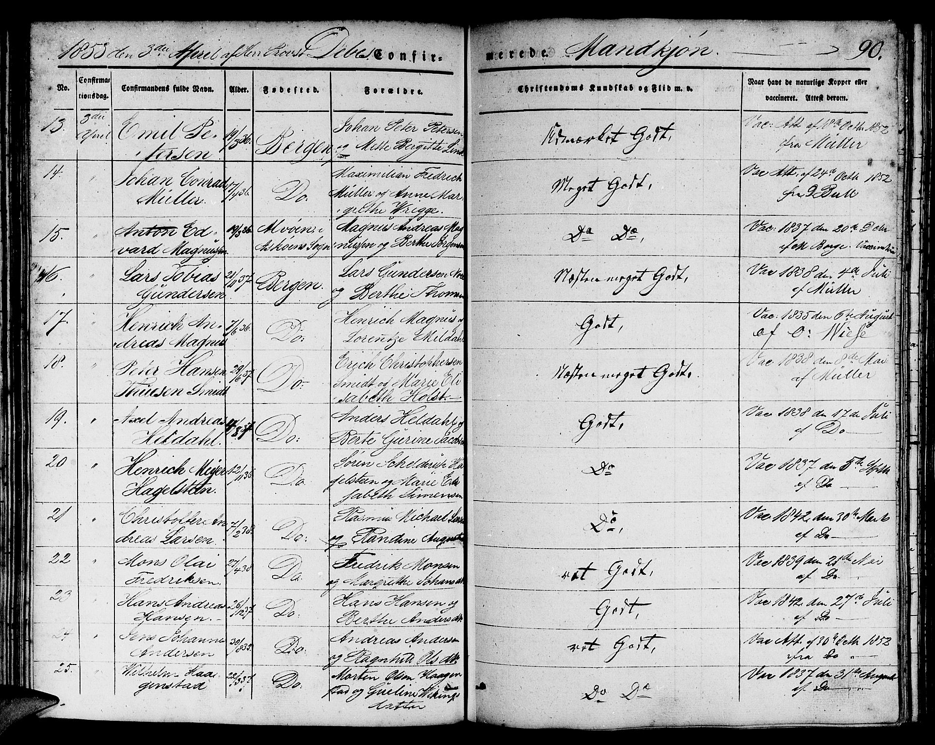 Domkirken sokneprestembete, SAB/A-74801/H/Hab/L0022: Parish register (copy) no. C 2, 1839-1854, p. 90