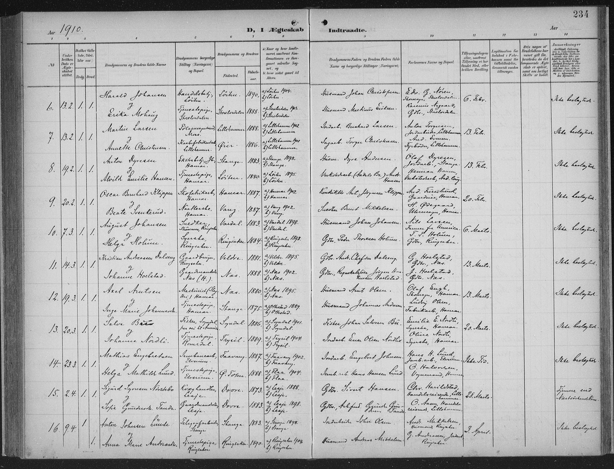 Hamar prestekontor, AV/SAH-DOMPH-002/H/Ha/Haa/L0001: Parish register (official) no. 1, 1900-1914, p. 234