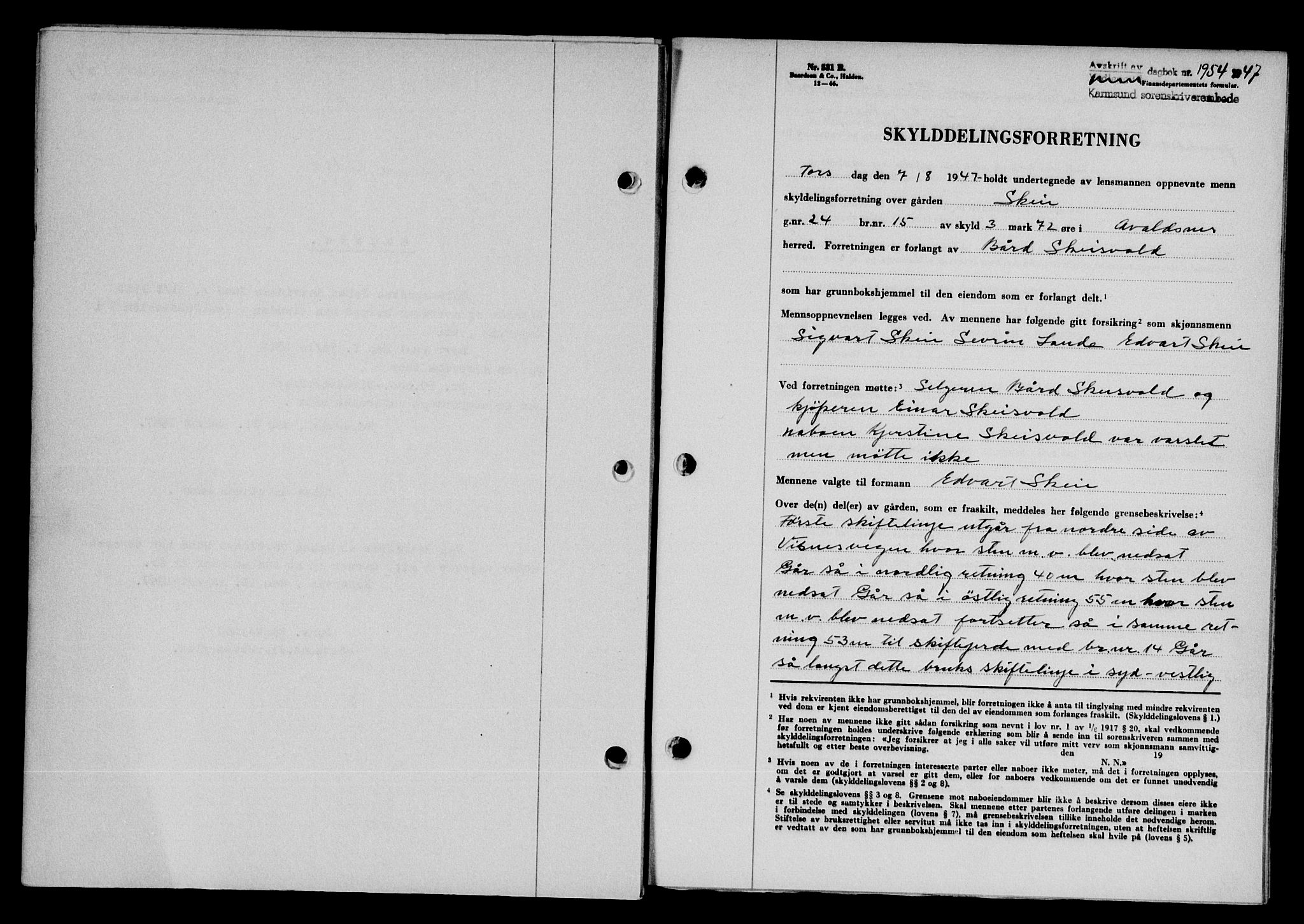 Karmsund sorenskriveri, SAST/A-100311/01/II/IIB/L0090: Mortgage book no. 70A, 1947-1947, Diary no: : 1954/1947