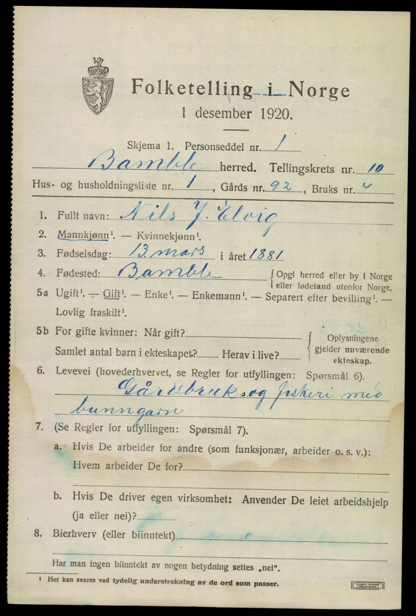 SAKO, 1920 census for Bamble, 1920, p. 8323