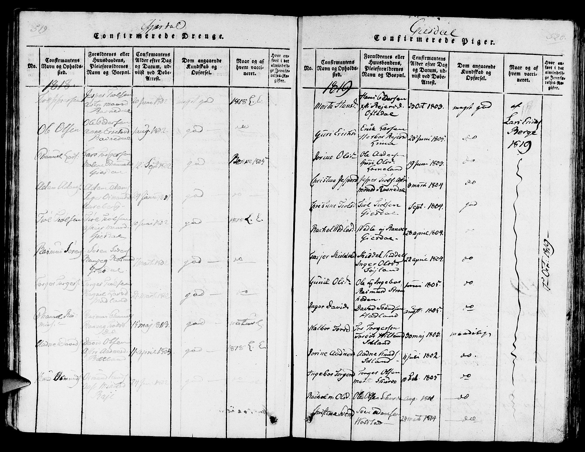 Lye sokneprestkontor, SAST/A-101794/001/30/30BA/L0003: Parish register (official) no. A 3 /2, 1816-1826, p. 519-520