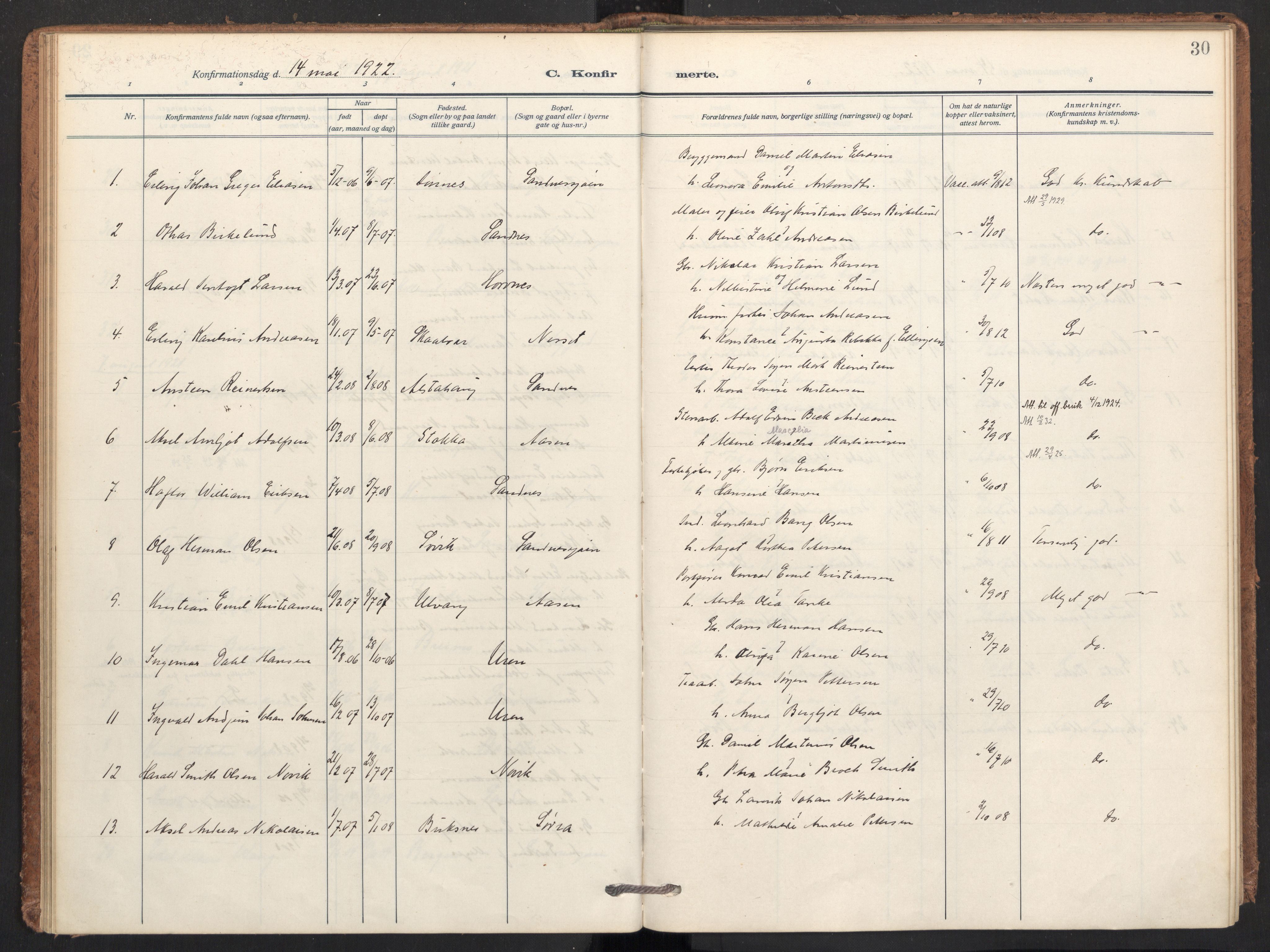 Ministerialprotokoller, klokkerbøker og fødselsregistre - Nordland, AV/SAT-A-1459/831/L0473: Parish register (official) no. 831A04, 1909-1934, p. 30