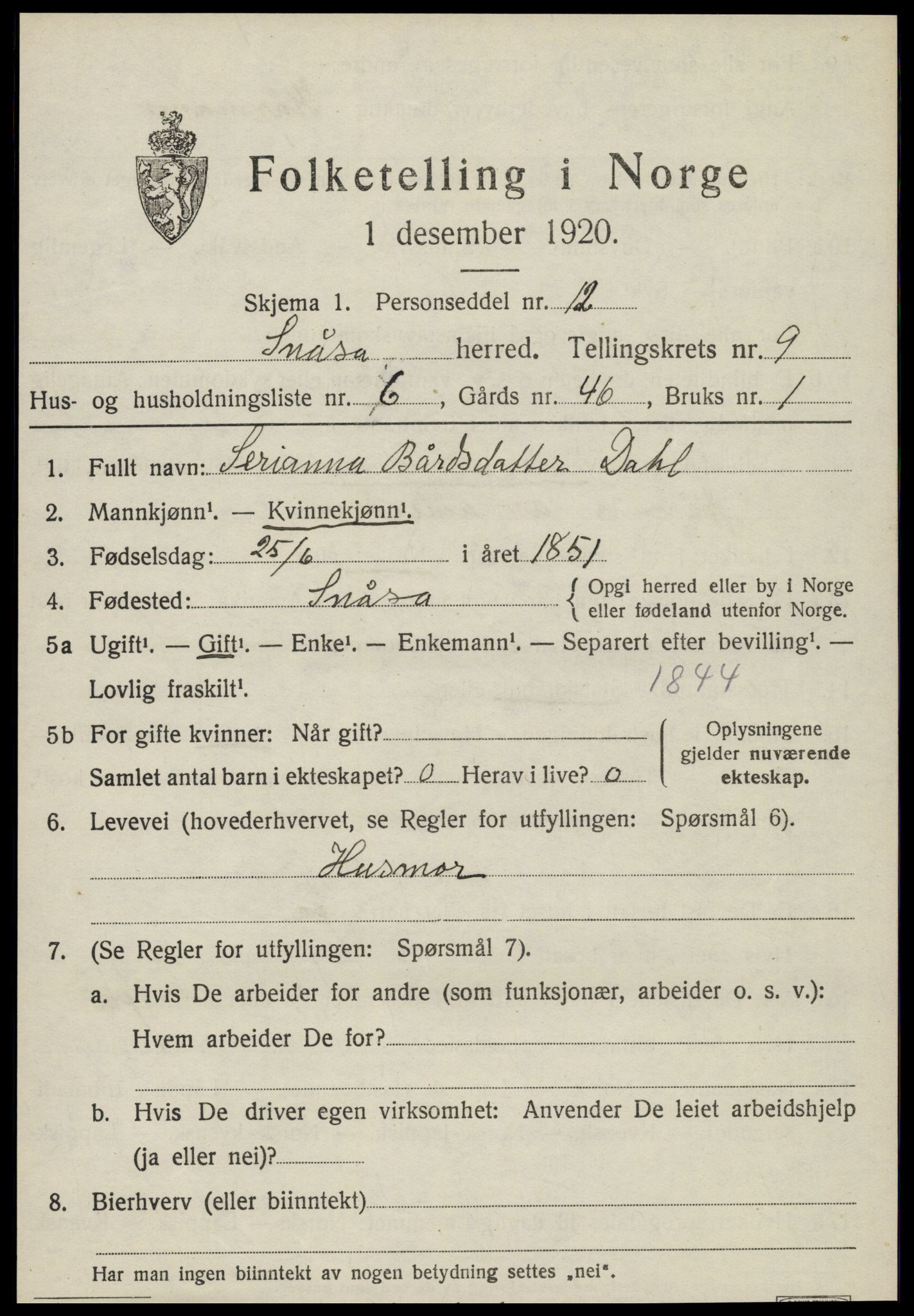 SAT, 1920 census for Snåsa, 1920, p. 3746
