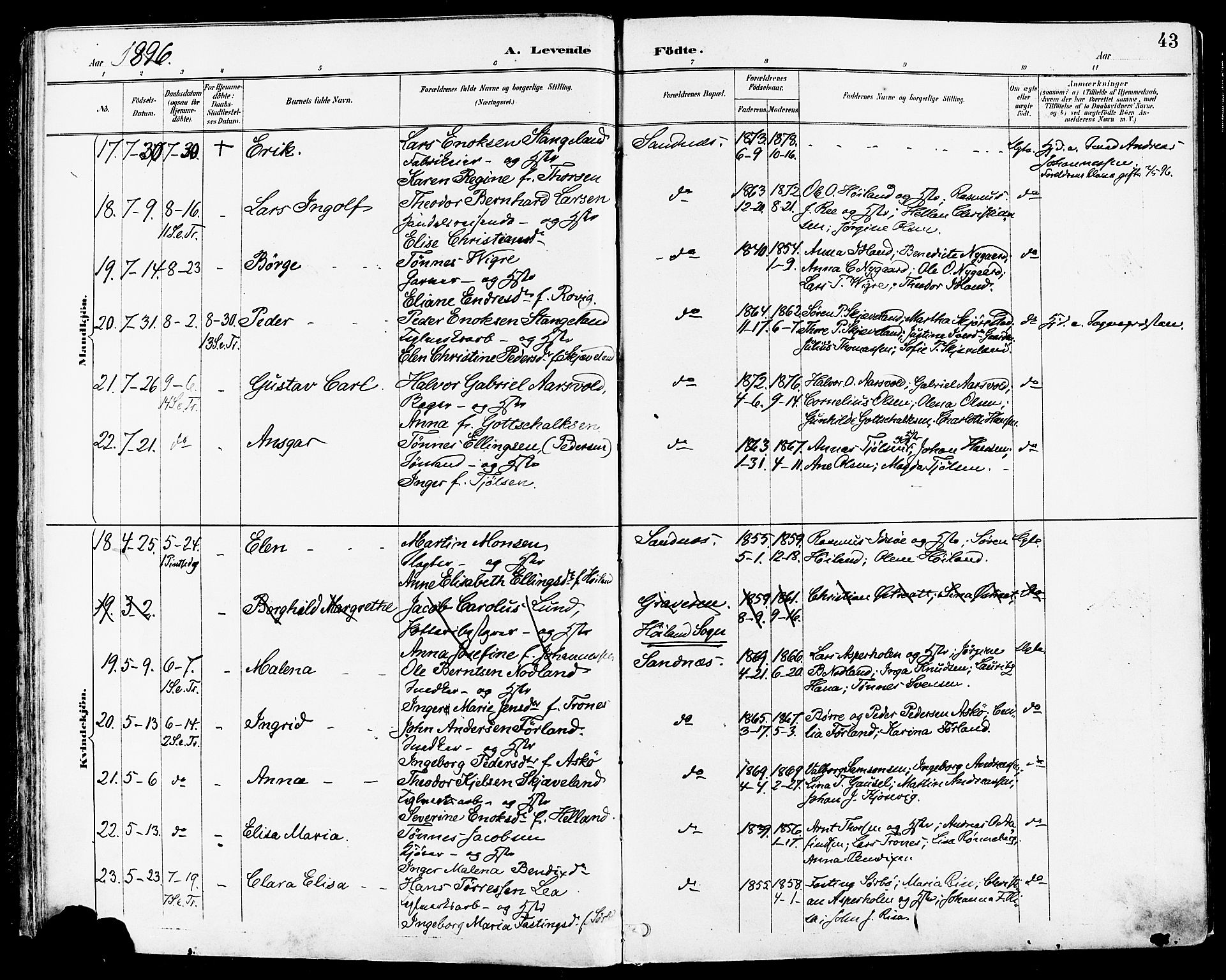 Høyland sokneprestkontor, AV/SAST-A-101799/001/30BA/L0014: Parish register (official) no. A 12, 1890-1898, p. 43