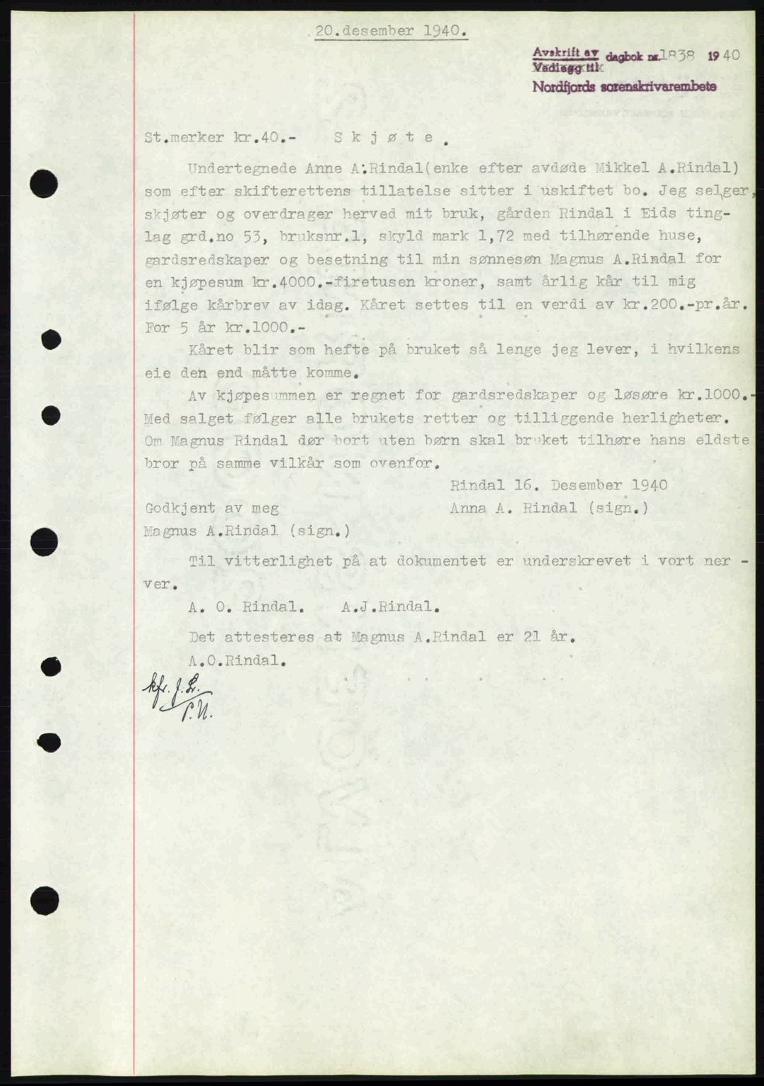 Nordfjord sorenskriveri, AV/SAB-A-2801/02/02b/02bj/L0006: Mortgage book no. A6, 1940-1941, Diary no: : 1838/1940