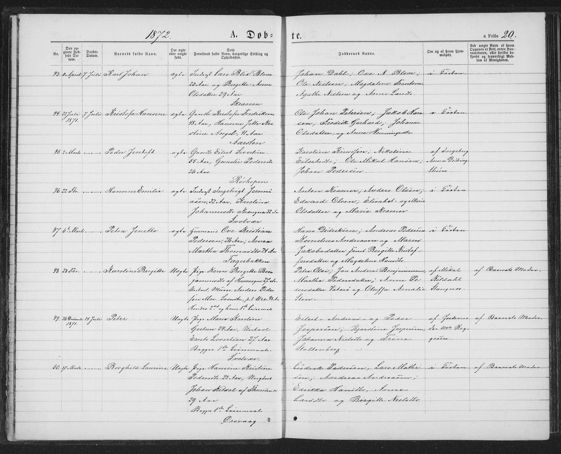 Ministerialprotokoller, klokkerbøker og fødselsregistre - Nordland, SAT/A-1459/874/L1074: Parish register (copy) no. 874C03, 1870-1876, p. 20