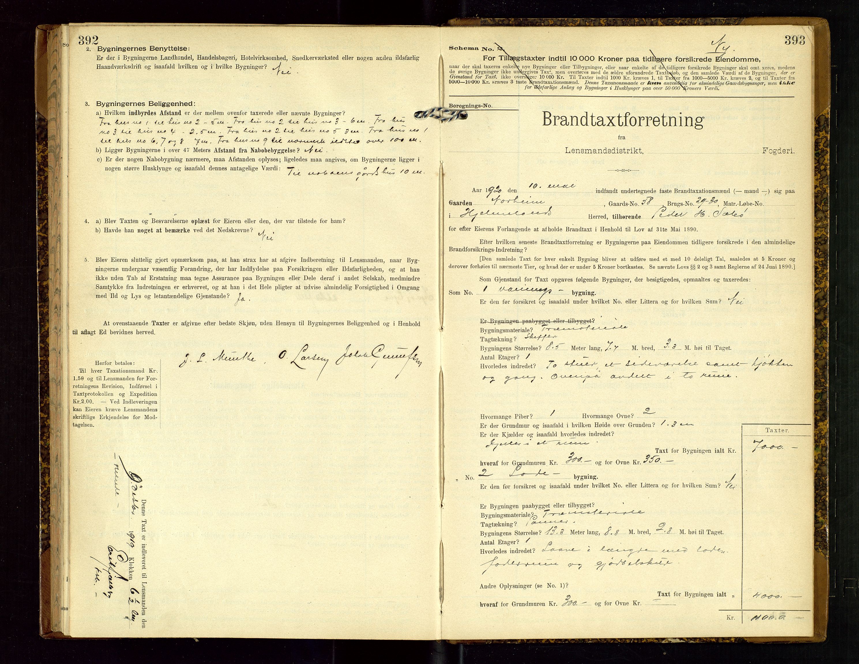 Hjelmeland lensmannskontor, SAST/A-100439/Gob/L0002: "Brandtaxationsprotokol", 1904-1920, p. 392-393