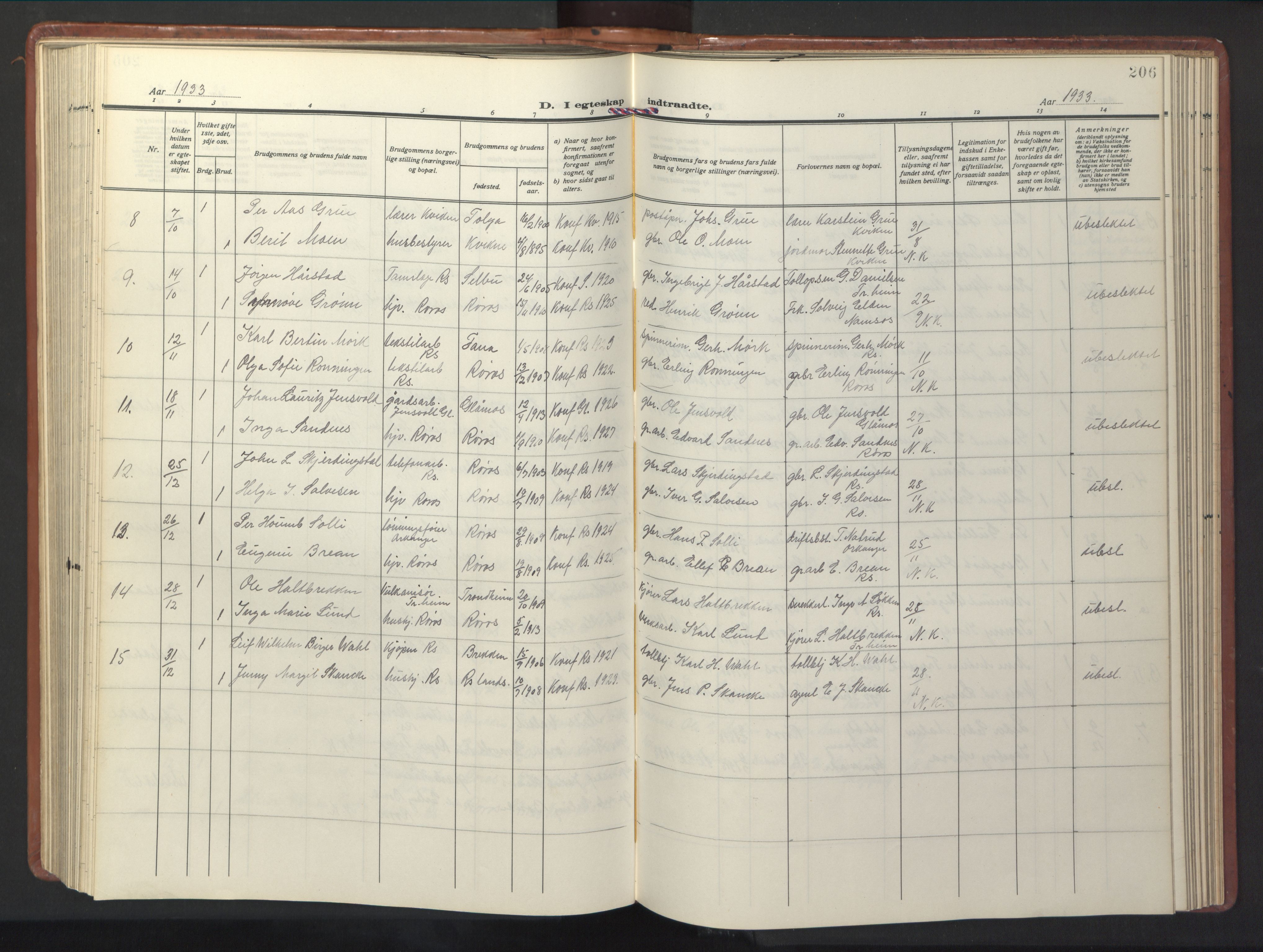Ministerialprotokoller, klokkerbøker og fødselsregistre - Sør-Trøndelag, SAT/A-1456/681/L0943: Parish register (copy) no. 681C07, 1926-1954, p. 206