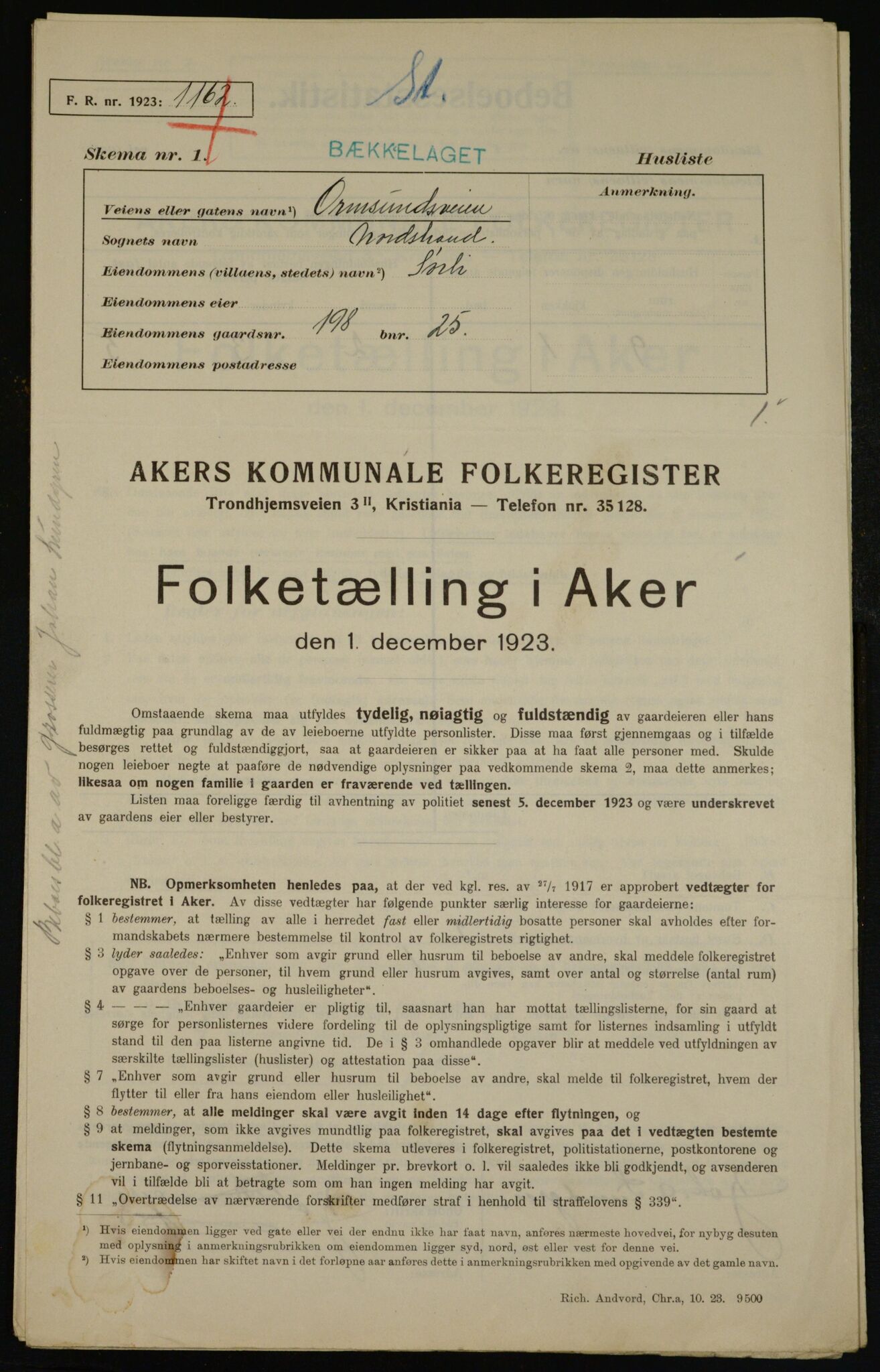 , Municipal Census 1923 for Aker, 1923, p. 43424