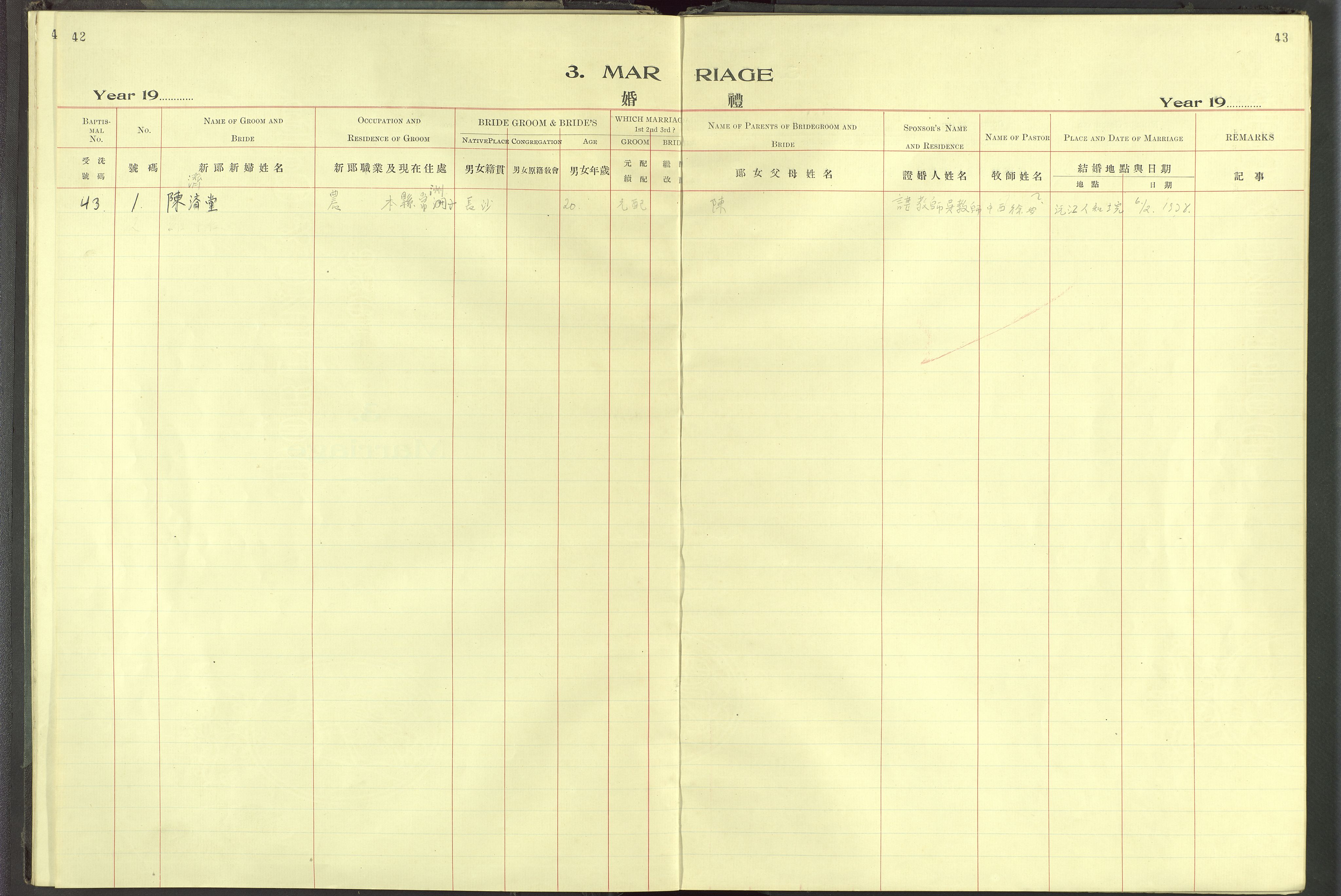 Det Norske Misjonsselskap - utland - Kina (Hunan), VID/MA-A-1065/Dm/L0094: Parish register (official) no. 132, 1920-1948, p. 42-43