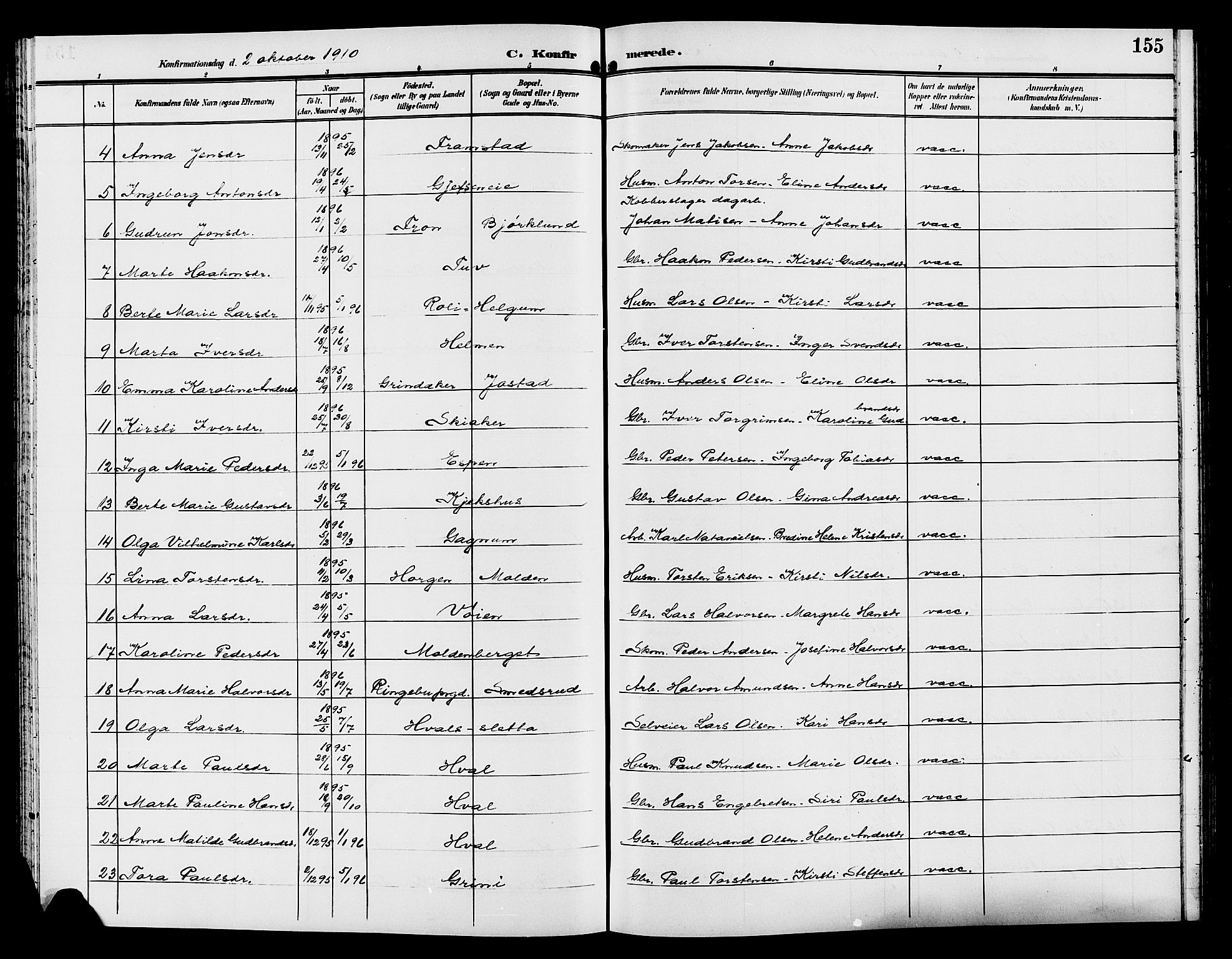 Gran prestekontor, AV/SAH-PREST-112/H/Ha/Hab/L0006: Parish register (copy) no. 6, 1901-1911, p. 155