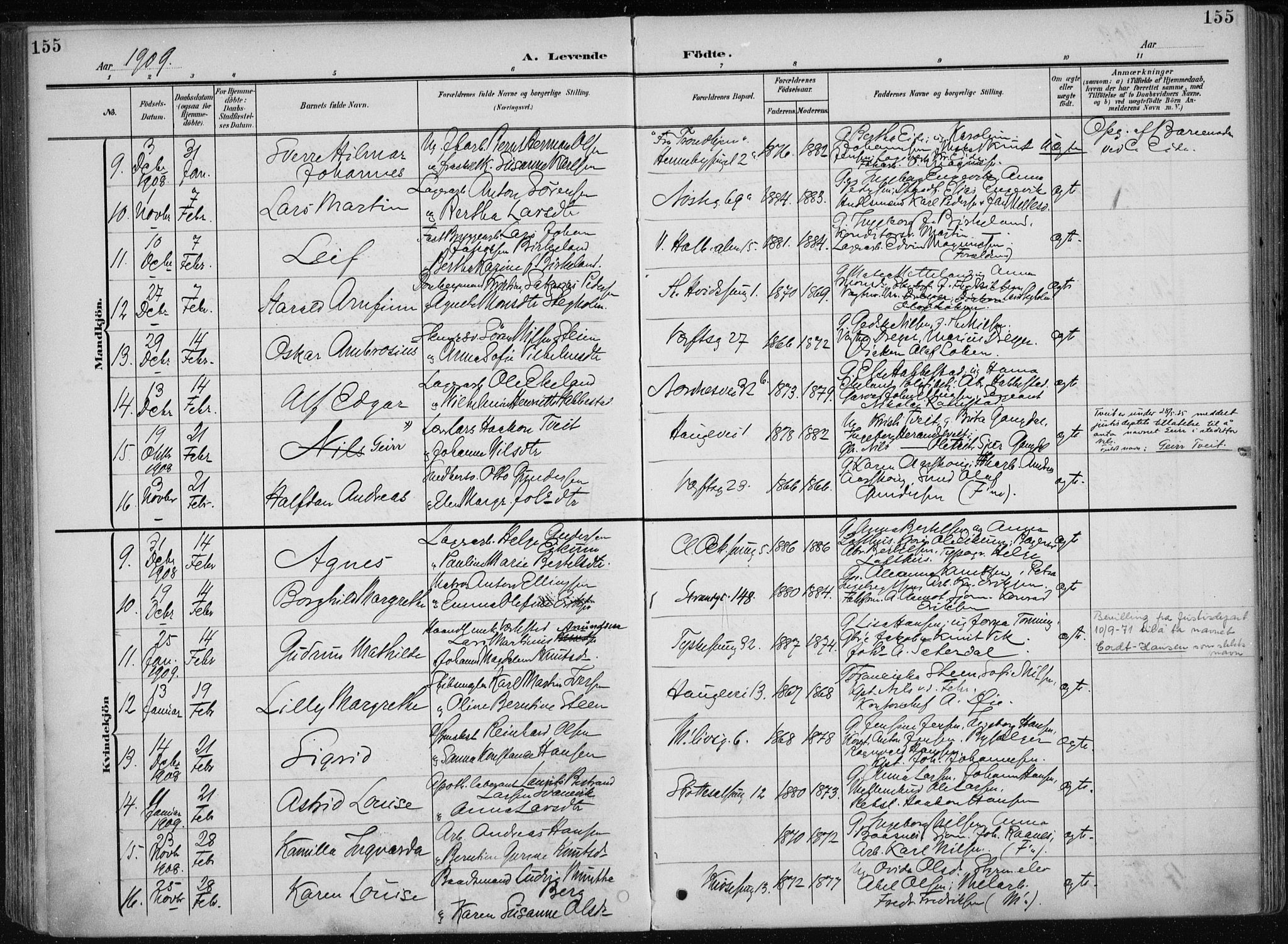 Nykirken Sokneprestembete, AV/SAB-A-77101/H/Haa/L0019: Parish register (official) no. B 7, 1904-1916, p. 155