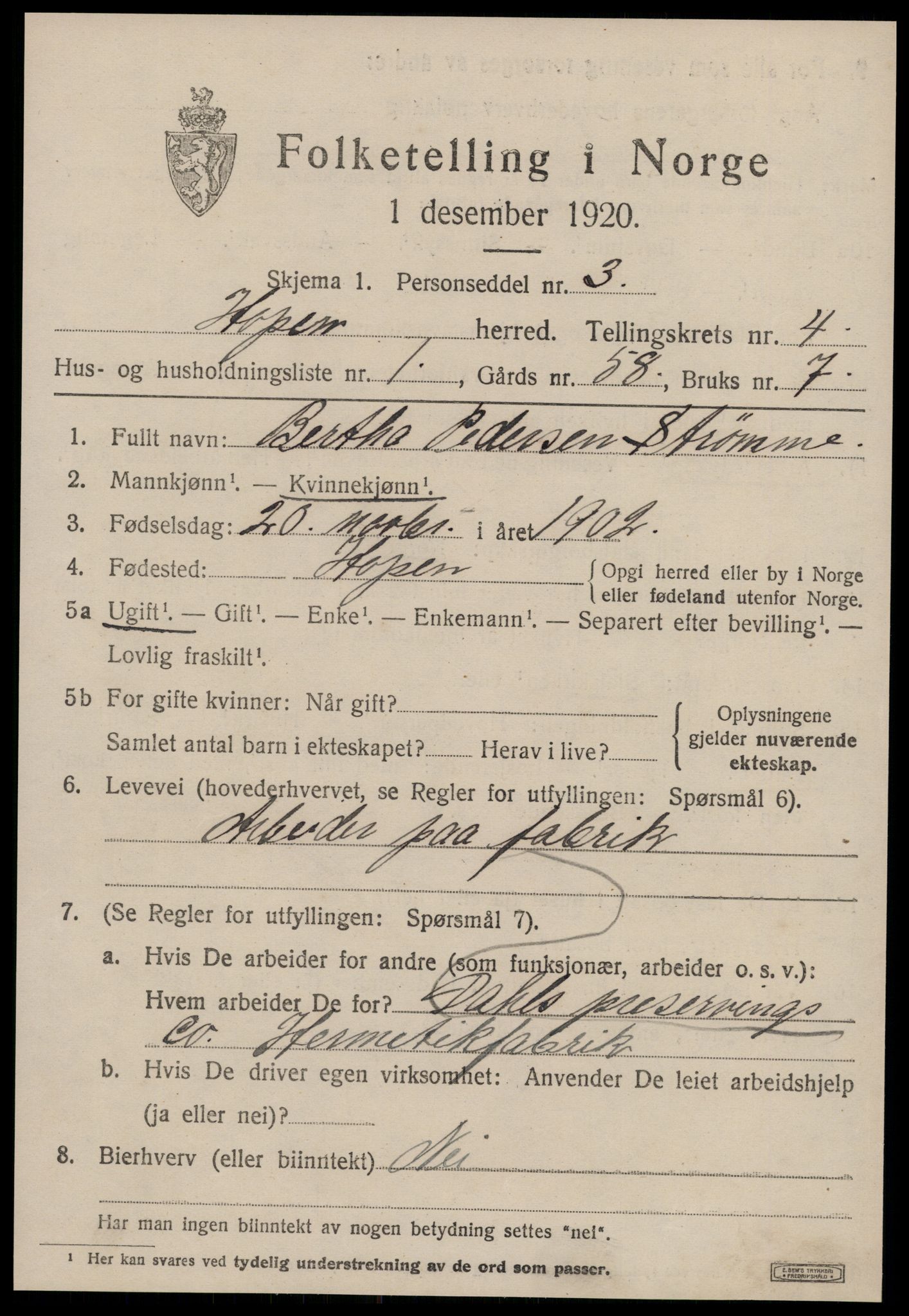 SAT, 1920 census for Hopen, 1920, p. 2000