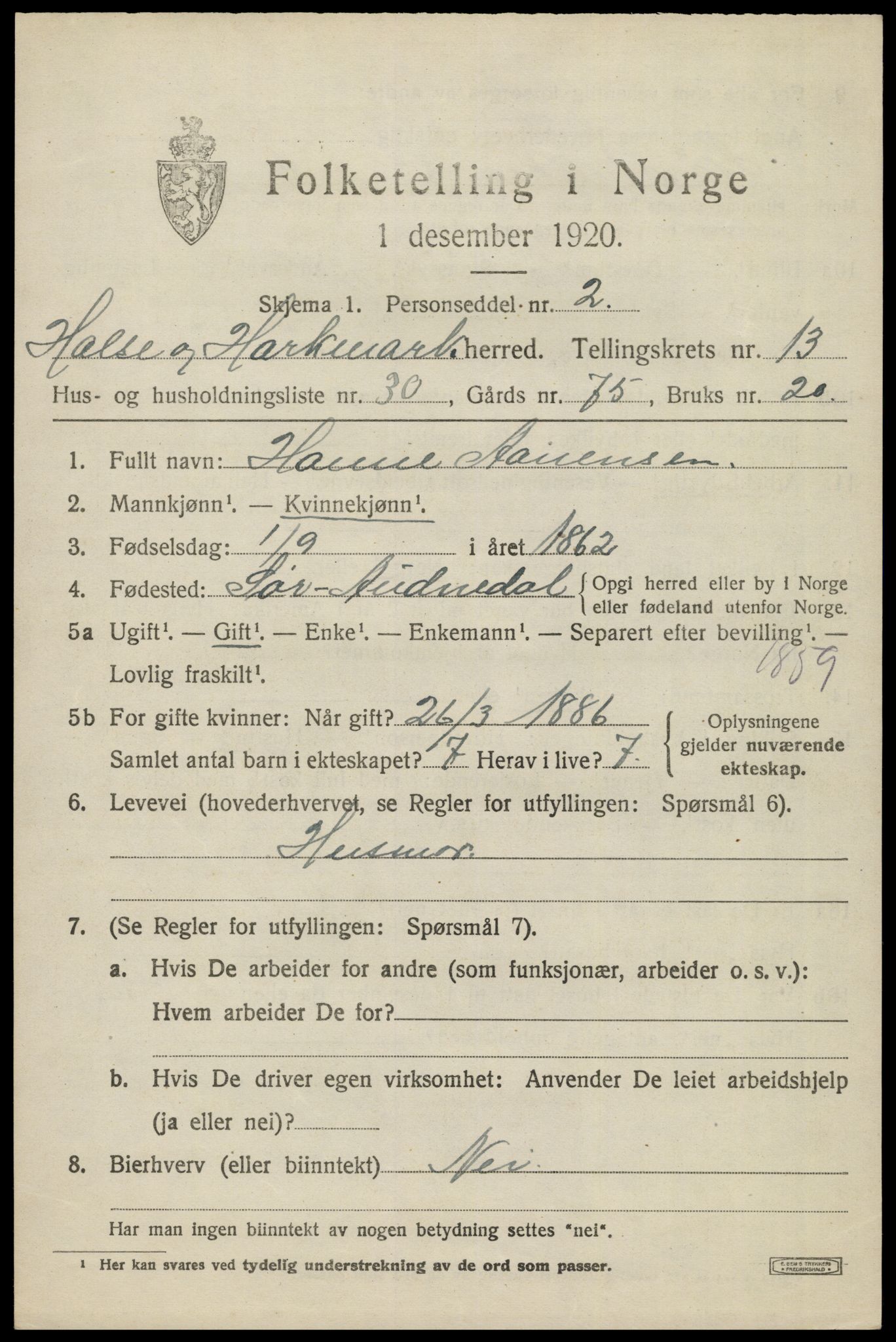 SAK, 1920 census for Halse og Harkmark, 1920, p. 7263