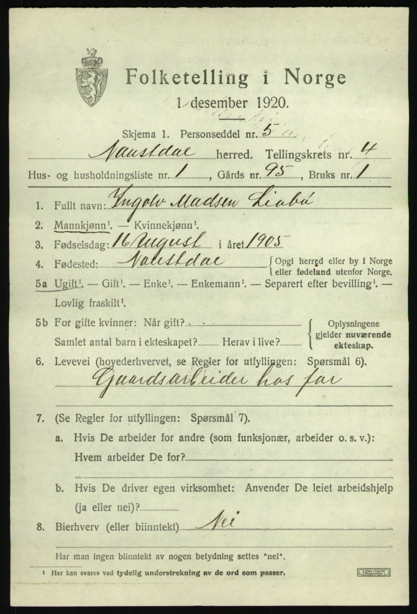 SAB, 1920 census for Naustdal, 1920, p. 2359