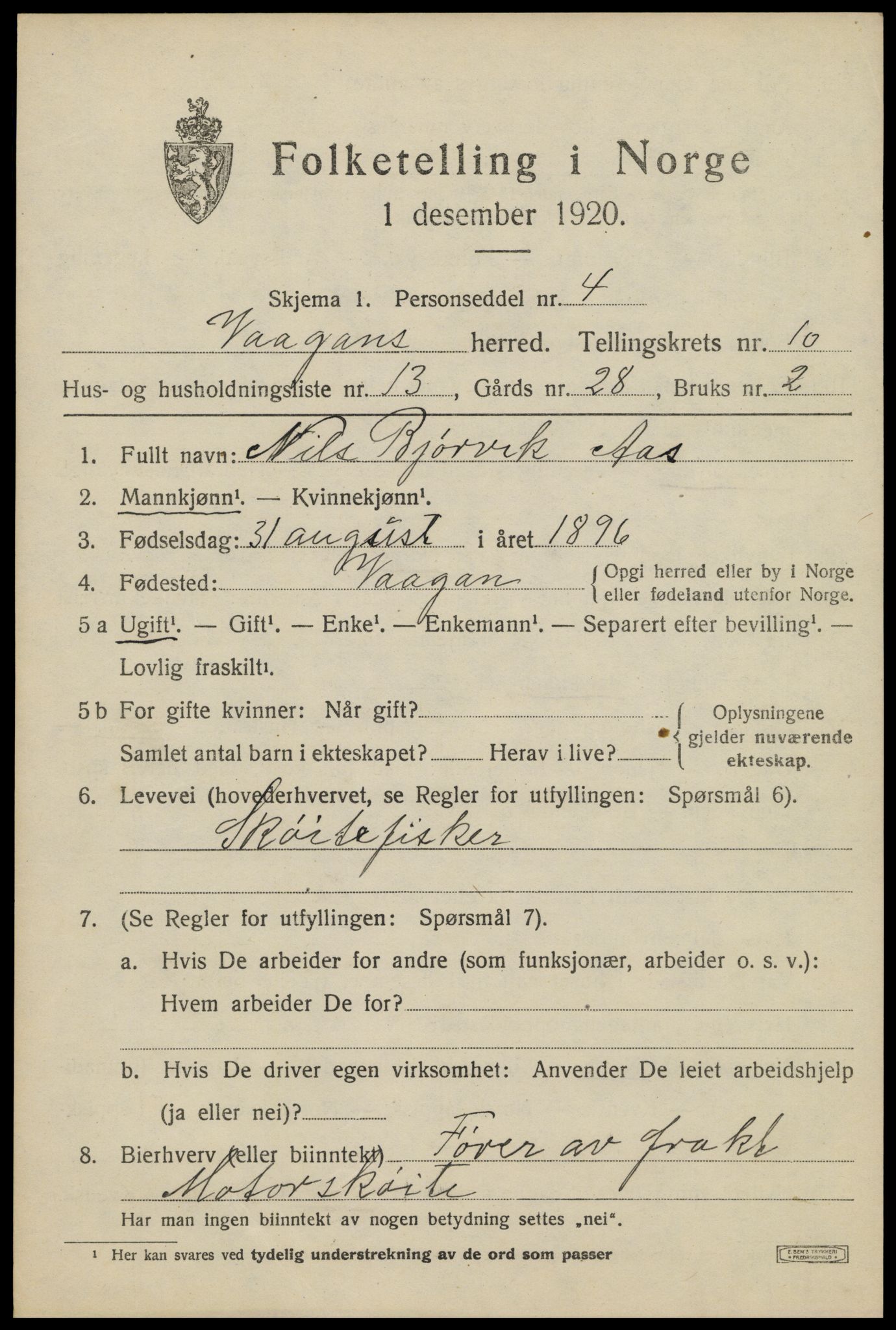 SAT, 1920 census for Vågan, 1920, p. 9015