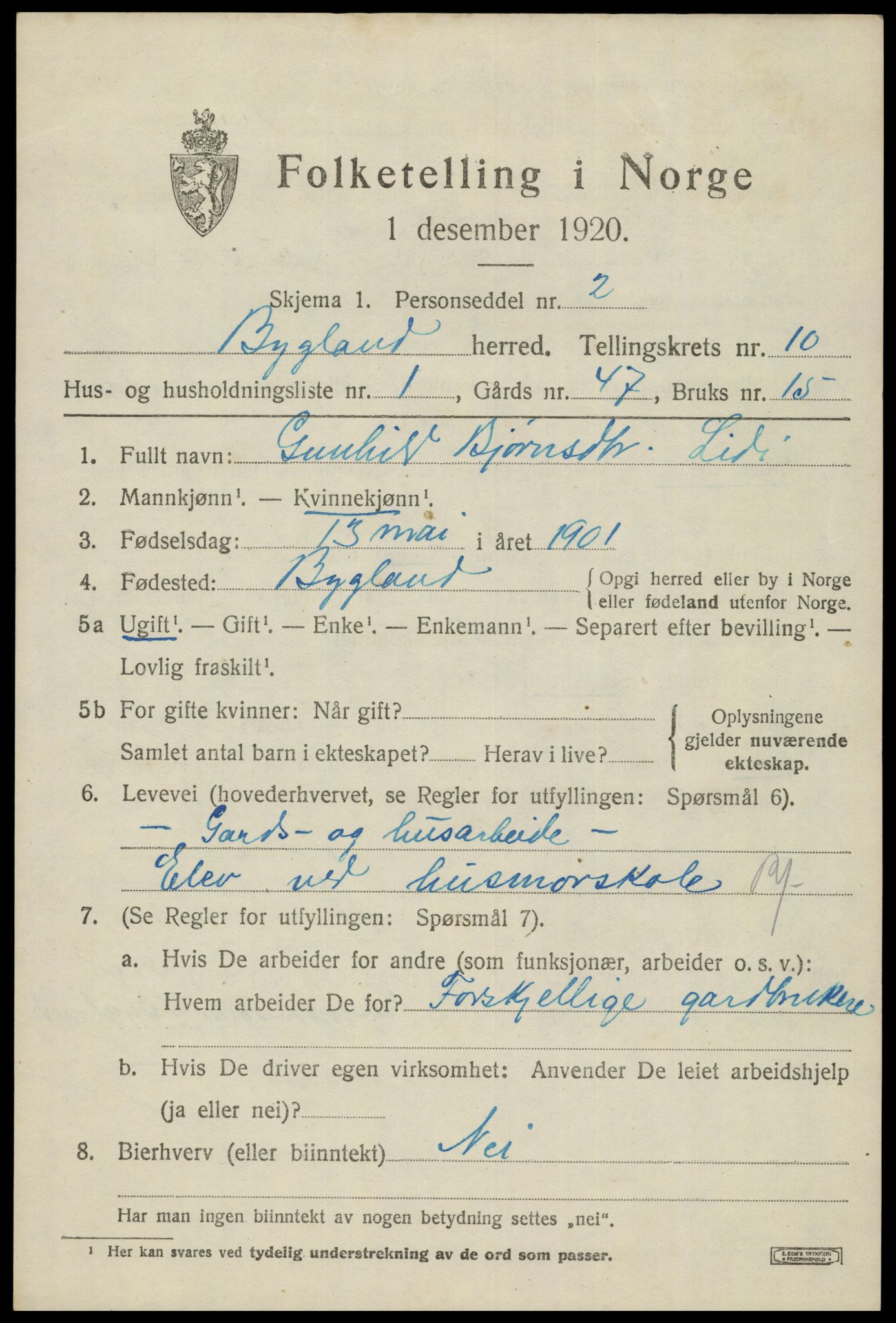 SAK, 1920 census for Bygland, 1920, p. 3703