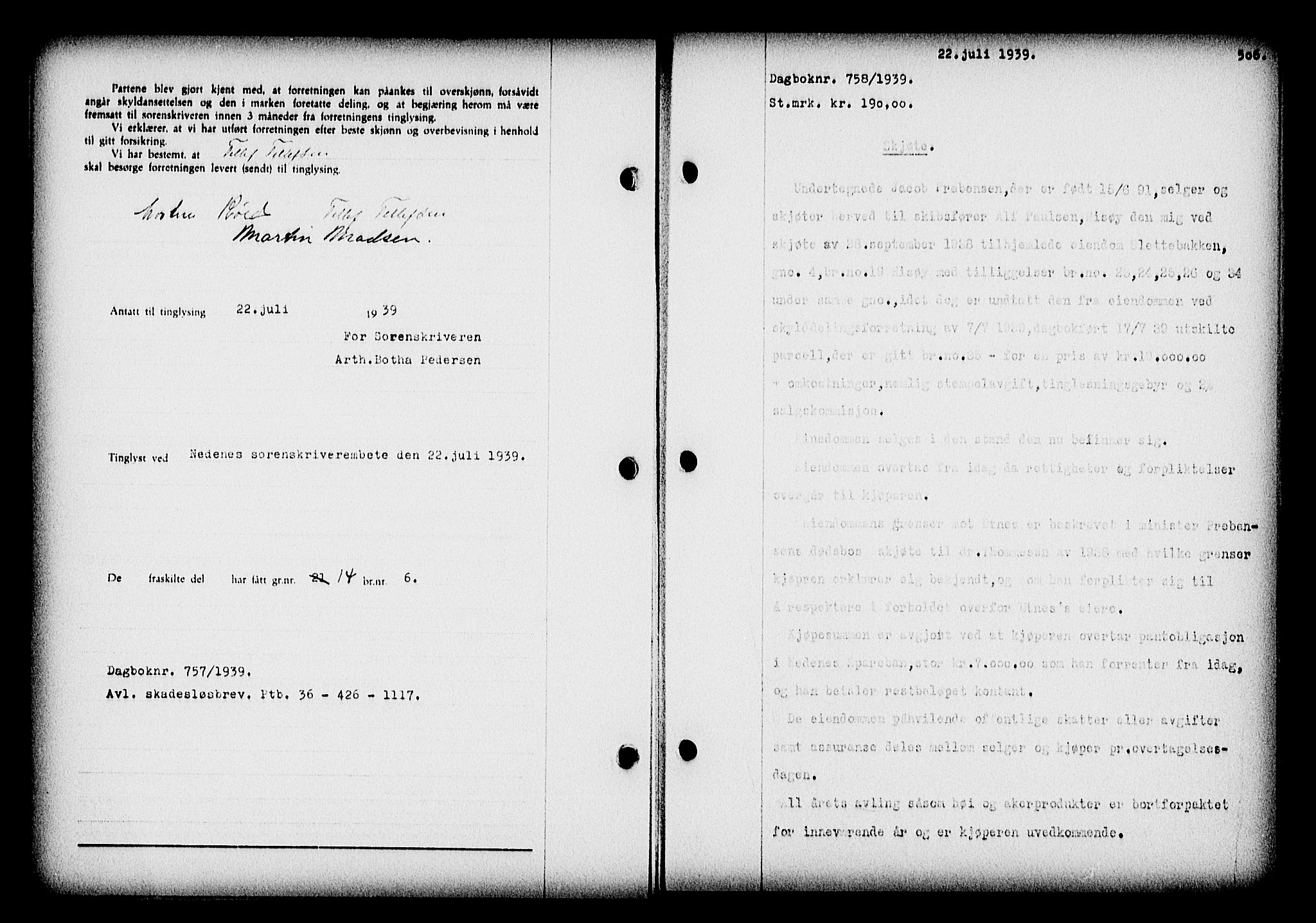 Nedenes sorenskriveri, SAK/1221-0006/G/Gb/Gba/L0046: Mortgage book no. 42, 1938-1939, Diary no: : 758/1939