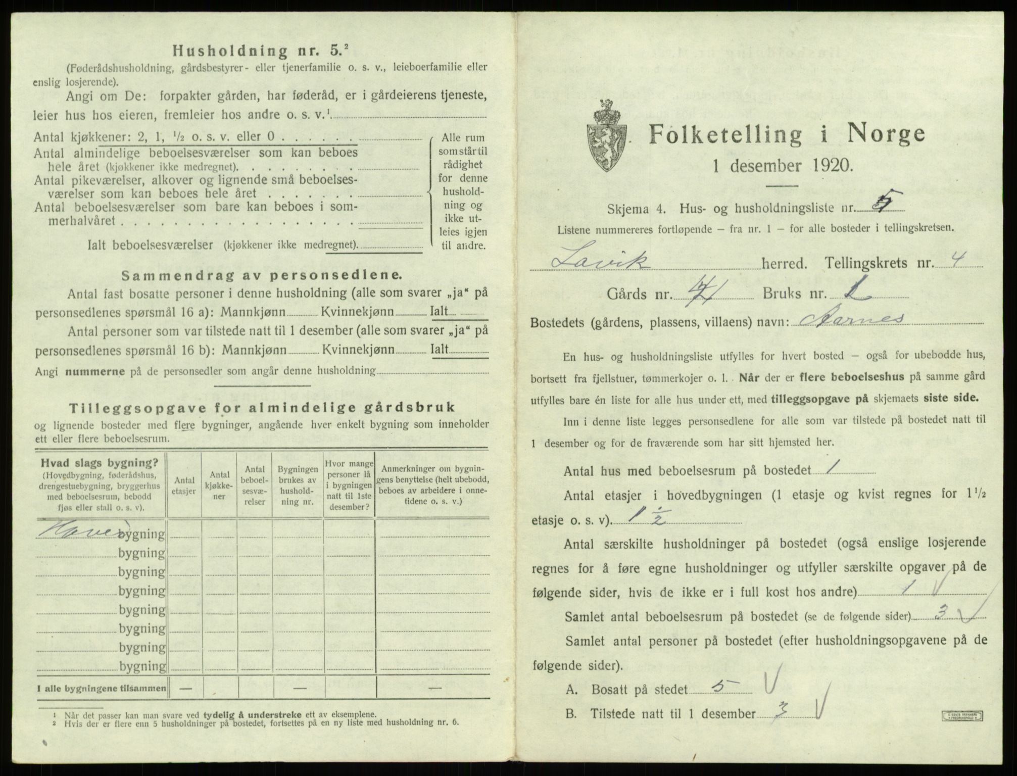 SAB, 1920 census for Lavik, 1920, p. 106
