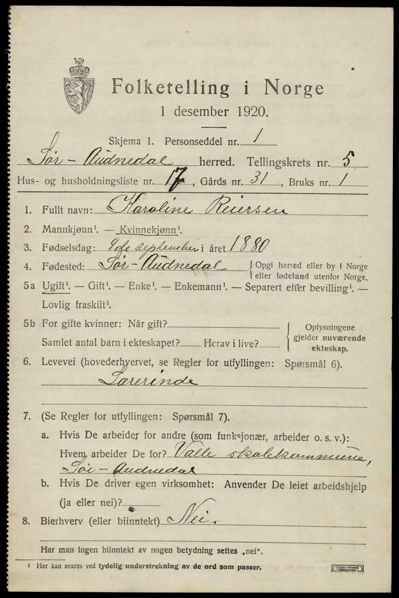 SAK, 1920 census for Sør-Audnedal, 1920, p. 2689