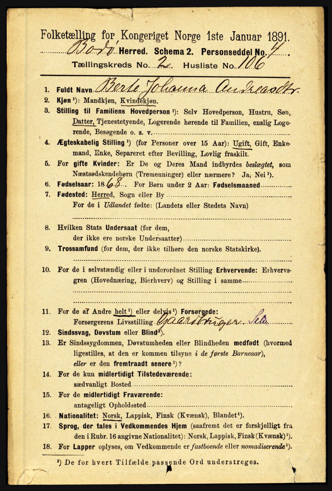 RA, 1891 census for 1843 Bodø, 1891, p. 1498