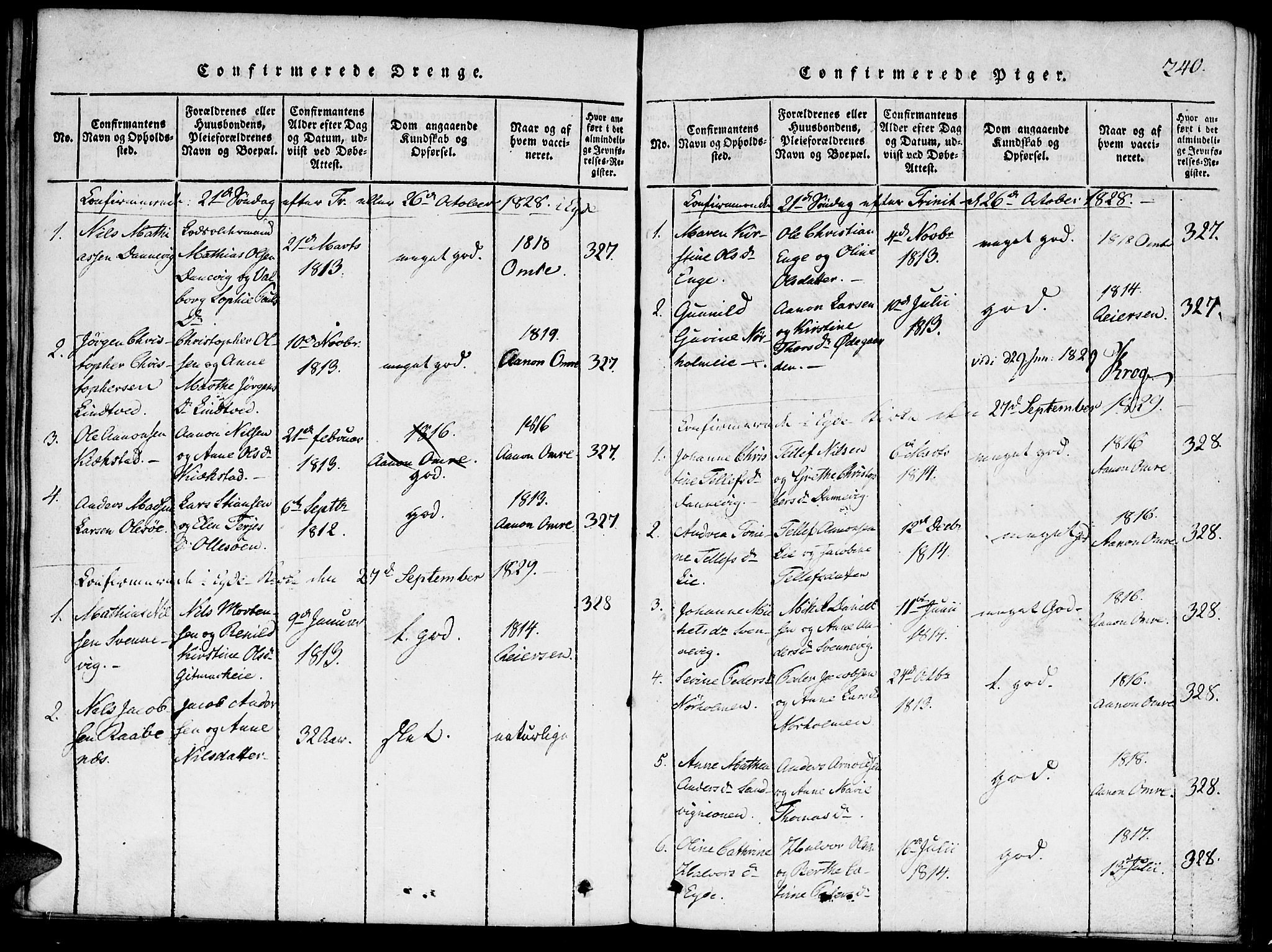 Hommedal sokneprestkontor, AV/SAK-1111-0023/F/Fa/Faa/L0001: Parish register (official) no. A 1, 1816-1860, p. 240