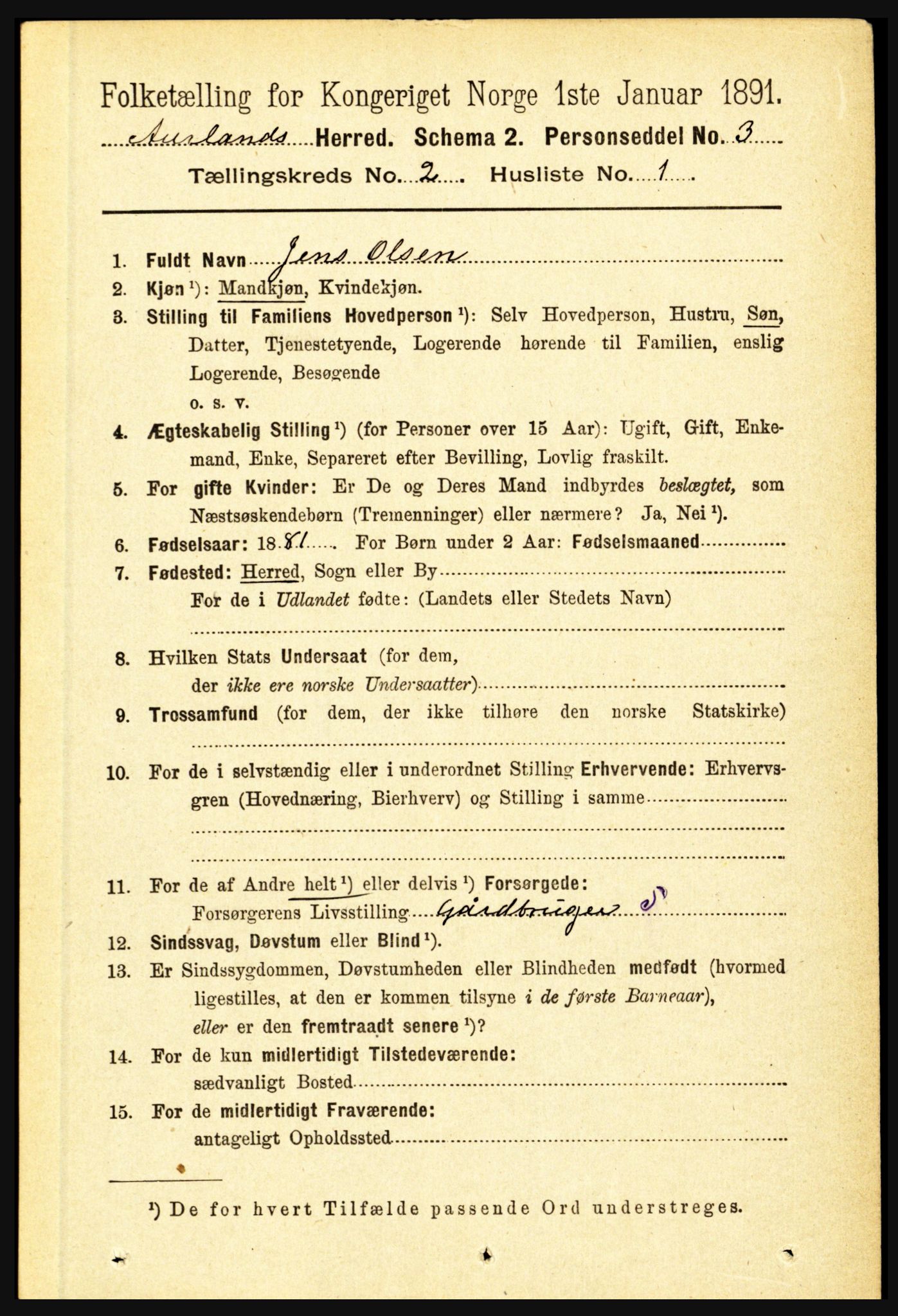 RA, 1891 census for 1421 Aurland, 1891, p. 489