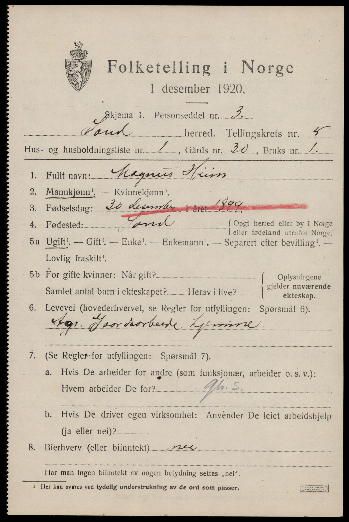 SAST, 1920 census for Sand, 1920, p. 1891