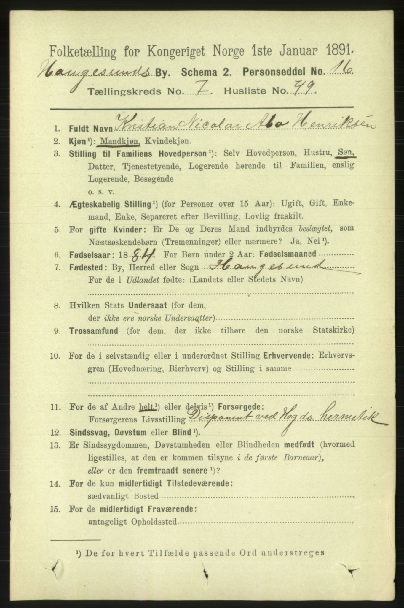 RA, 1891 census for 1106 Haugesund, 1891, p. 3689